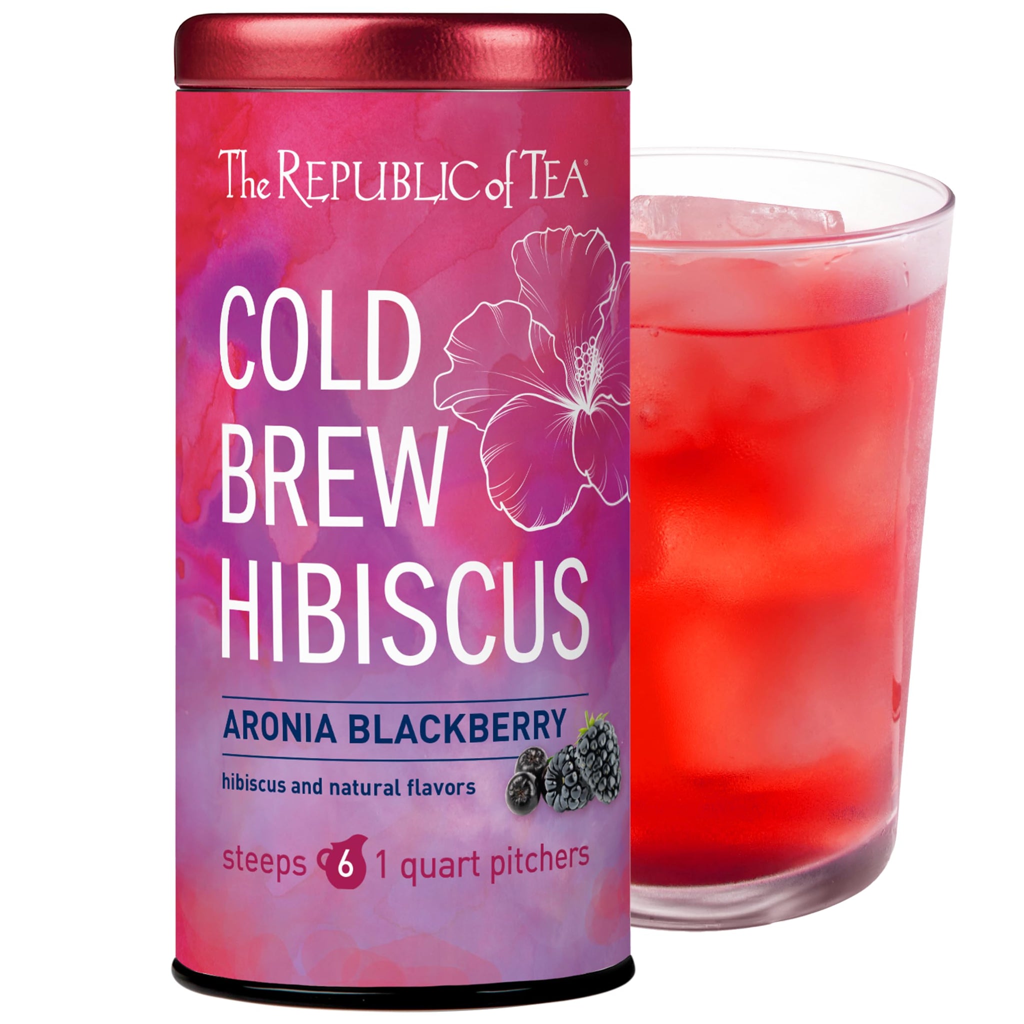 The Republic of Tea - Cold Brew Hibiscus Aronia Blackberry Iced Tea, Large Herbal Iced Tea Pouches, Steeps Six One-Quart Pitchers