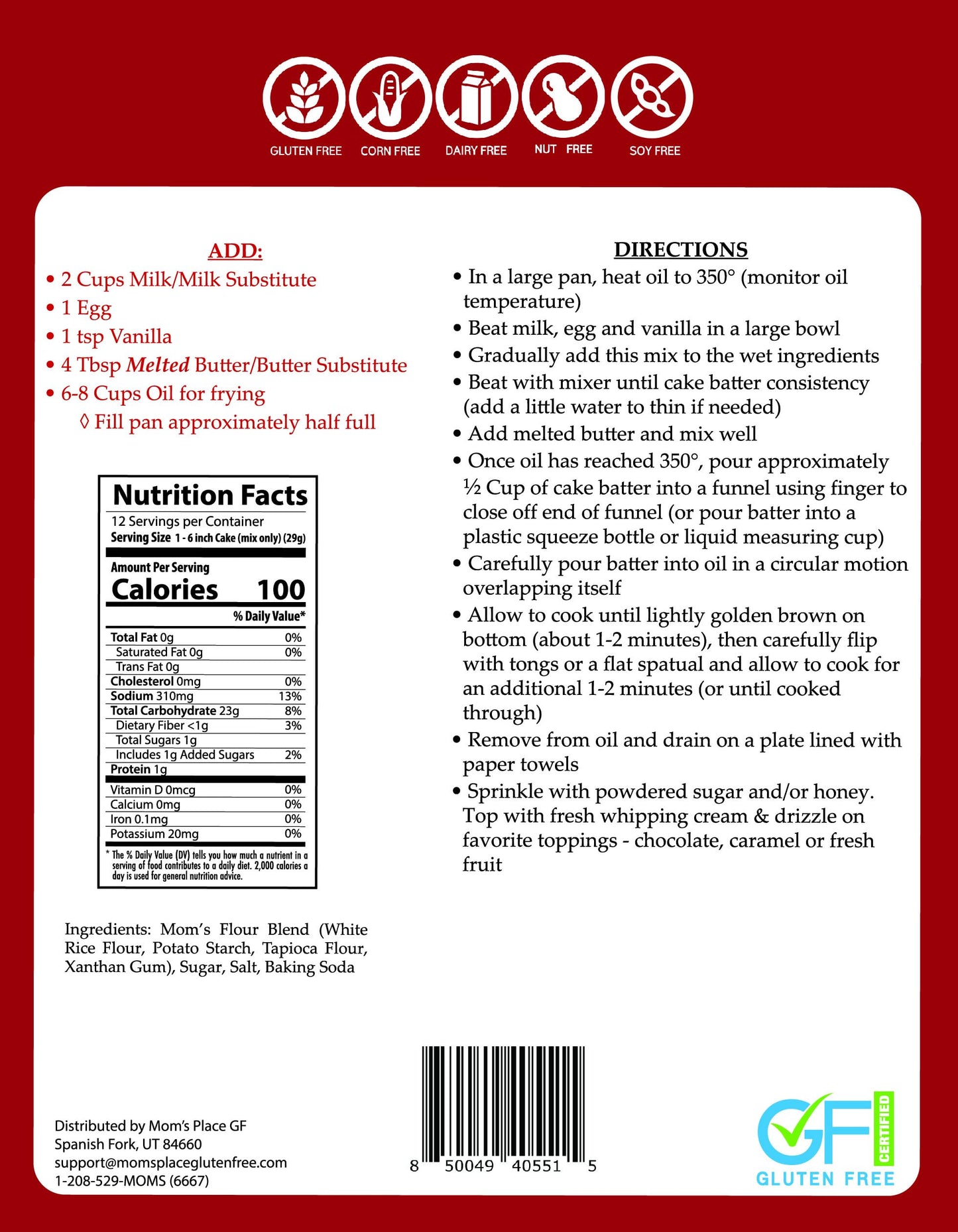 Mom's Place Gluten-Free Funnel Cake Mix, Dessert Baking, Easy to Make, Nut Free, Dairy Free & Soy Free, 12 Servings, 12.3 oz