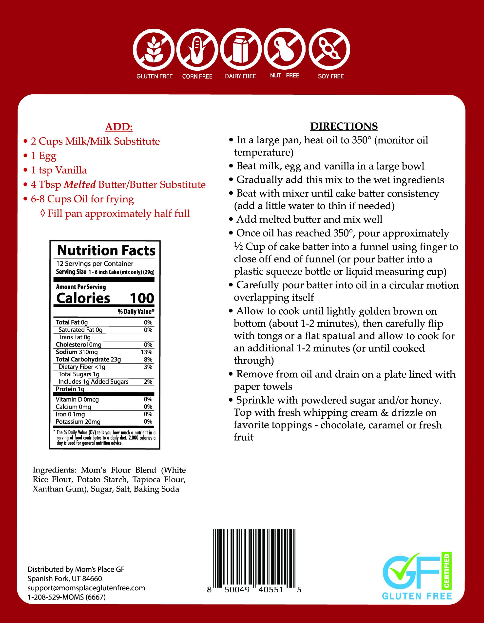 Mom's Place Gluten-Free Funnel Cake Mix, Dessert Baking, Easy to Make, Nut Free, Dairy Free & Soy Free, 12 Servings, 12.3 oz