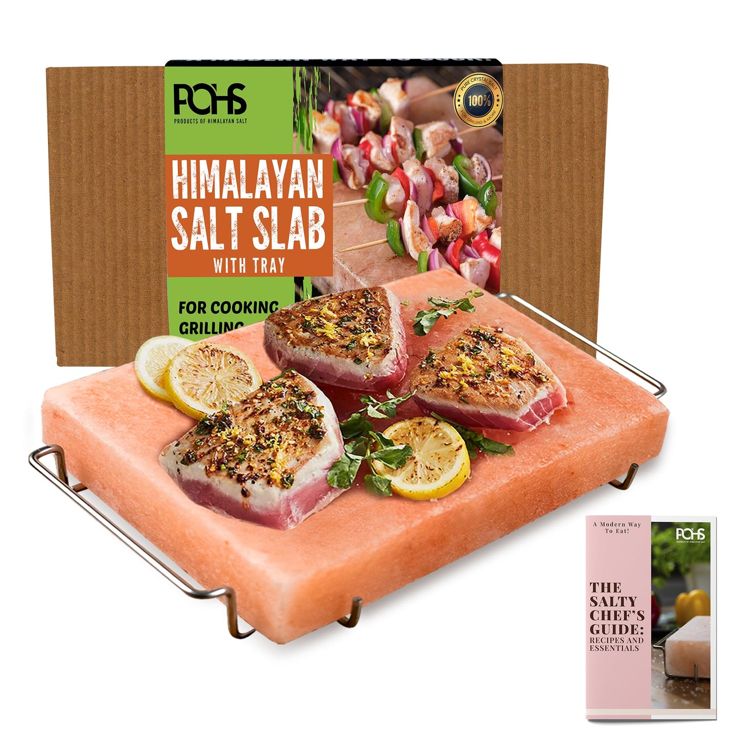 Himalayan Salt Block Cooking Plate 12x8x1.5 for Cooking, Grilling, Cutting and Serving, with Steel Tray & Recipe booklet Unique Gifts for Men, Women