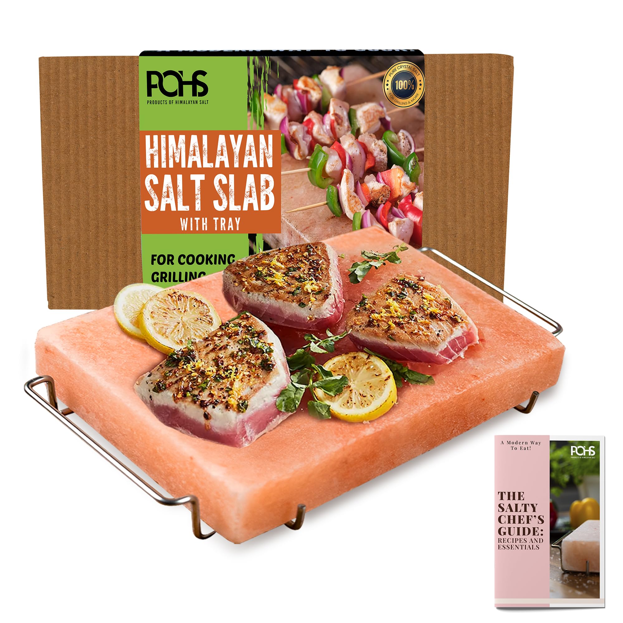 Himalayan Salt Block Cooking Plate 12x8x1.5 for Cooking, Grilling, Cutting and Serving, with Steel Tray & Recipe booklet Unique Gifts for Men, Women