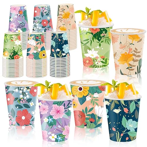 Disposable Paper Cup 9oz 48 Pcs - 6 Unique Floral Designs Drinking Cup, Perfect for Spring Birthday Parties, Easter, Bridal Showers, Weddings, Tea