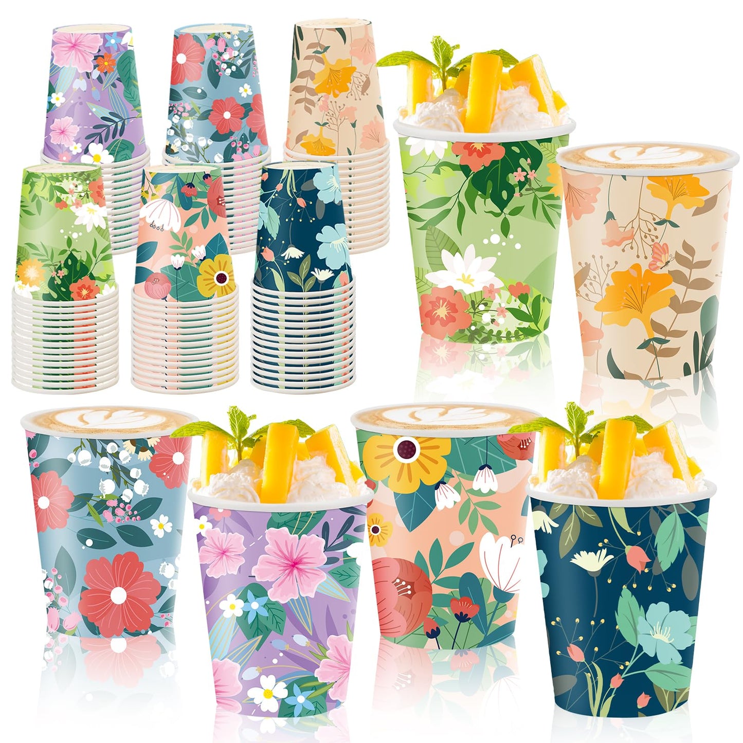Disposable Paper Cup 9oz 48 Pcs - 6 Unique Floral Designs Drinking Cup, Perfect for Spring Birthday Parties, Easter, Bridal Showers, Weddings, Tea