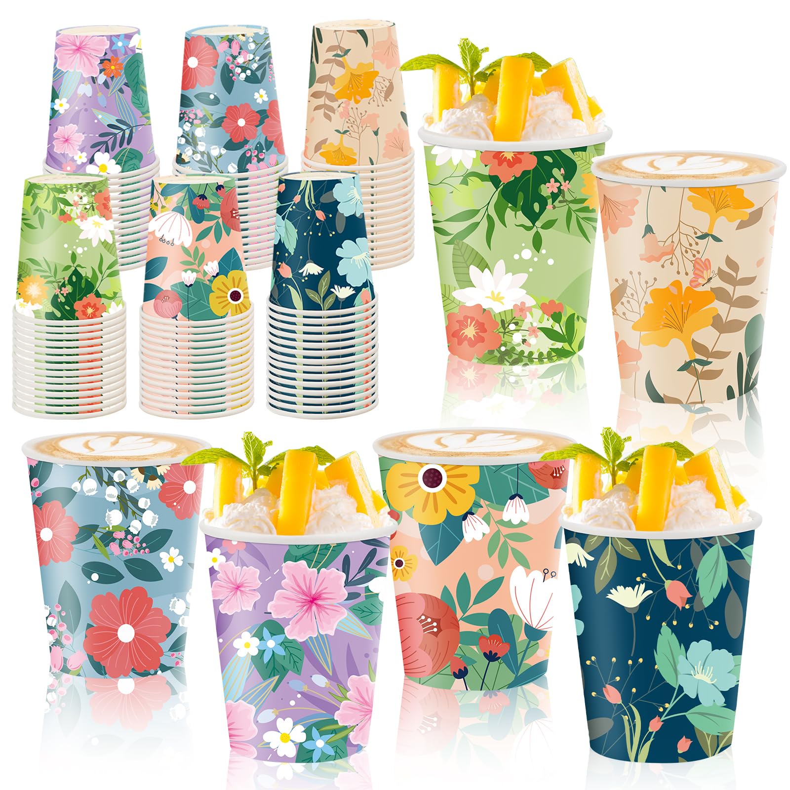 Disposable Paper Cup 9oz 48 Pcs - 6 Unique Floral Designs Drinking Cup, Perfect for Spring Birthday Parties, Easter, Bridal Showers, Weddings, Tea
