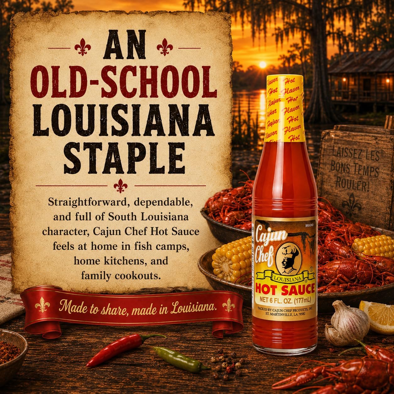 Cajun Chef Louisiana Hot Sauce 6 oz (Pack of 2) - Cajun Cayenne Pepper Sauce with Mild Heat, Louisiana Style Hot Sauce for Gumbo, Seafood, Soups