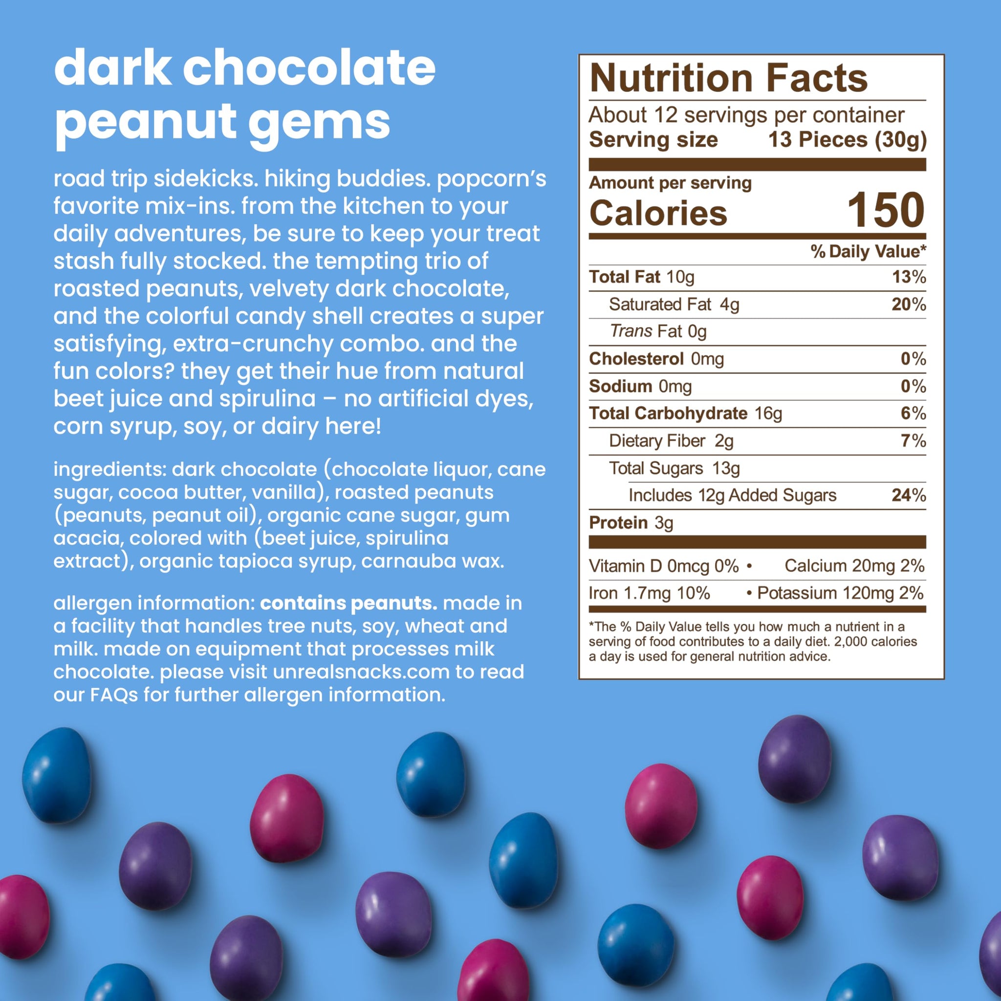 Unreal Dark Chocolate Peanut Gems | Vegan with Colors from Nature | Fair Trade, Non-GMO, Gluten Free Ingredients | No Sugar Alcohols or Soy, 13oz, 1