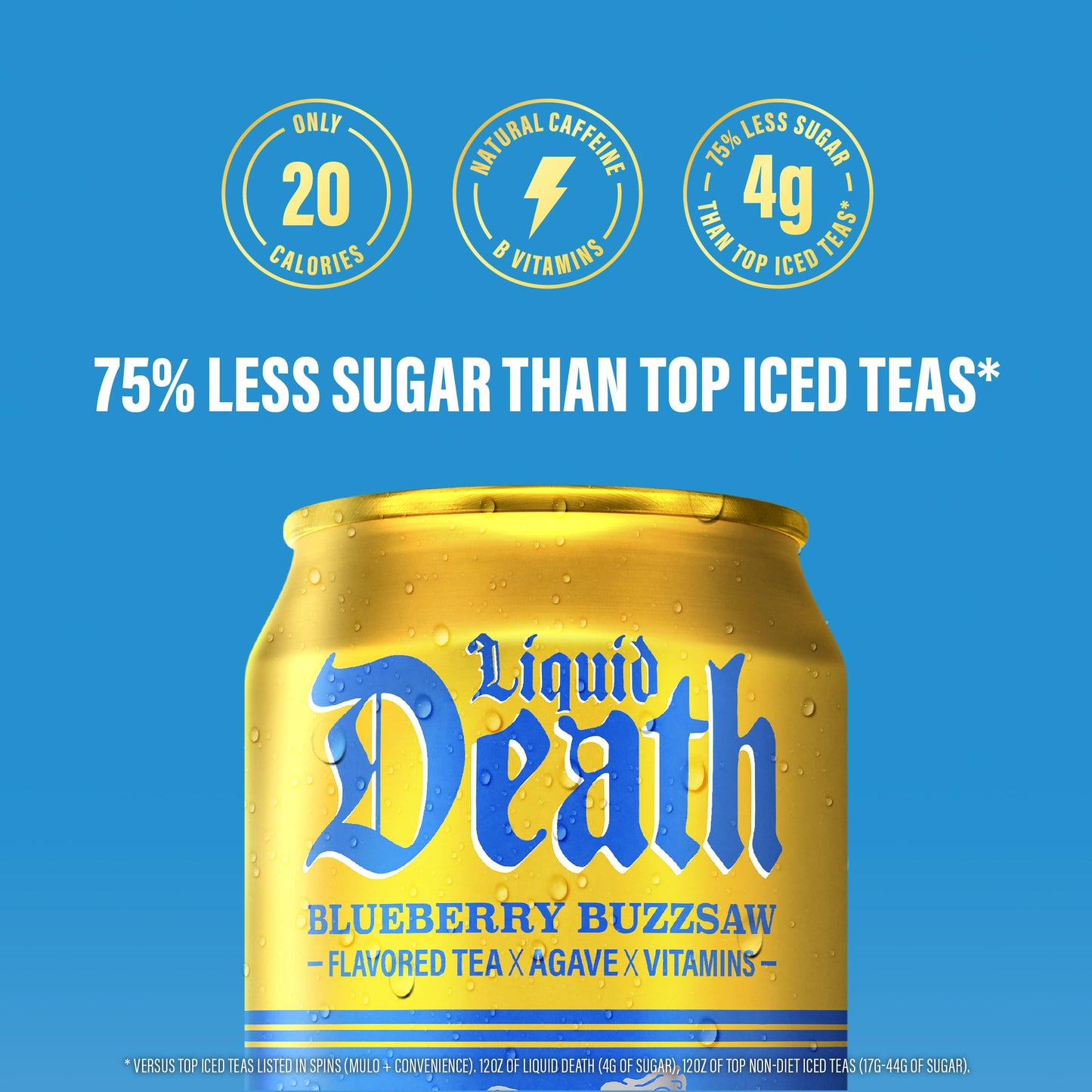 Liquid Death Iced Tea - Blueberry Buzzsaw (Blueberry-Flavored Black Tea), Less Sugar*, Boost of Caffeine, B Vitamins, No Artificial Sweeteners, 12 Fl