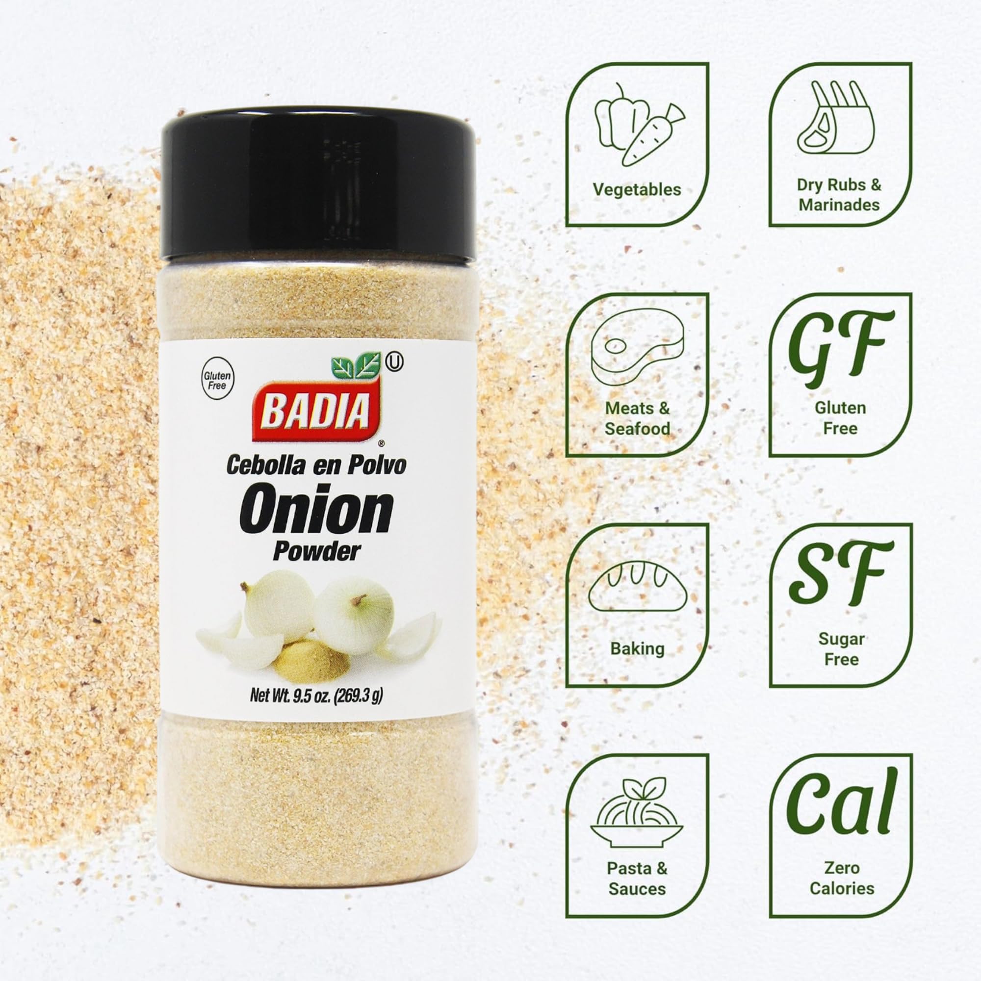 Badia Onion Powder, 9.5 oz - Pure Ground Onion Seasoning, Bold Sweet Savory Flavor, Gluten Free, No MSG, Kosher