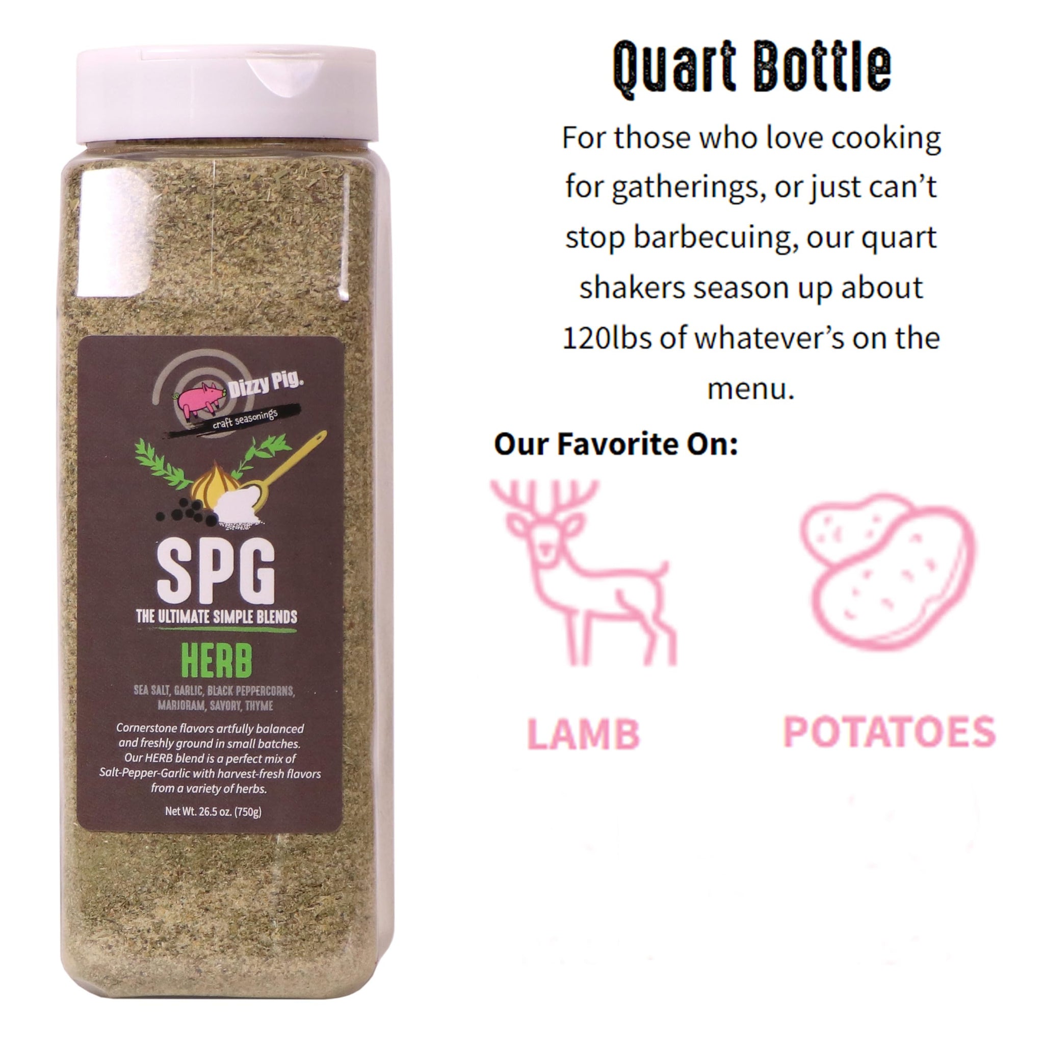 Dizzy Pig SPG Herb (Salt, Pepper & Garlic) Seasoning Rub (Quart Shaker) - Hand Made in the USA - Seasons Around 120lbs of Food - MSG Free, Gluten Free
