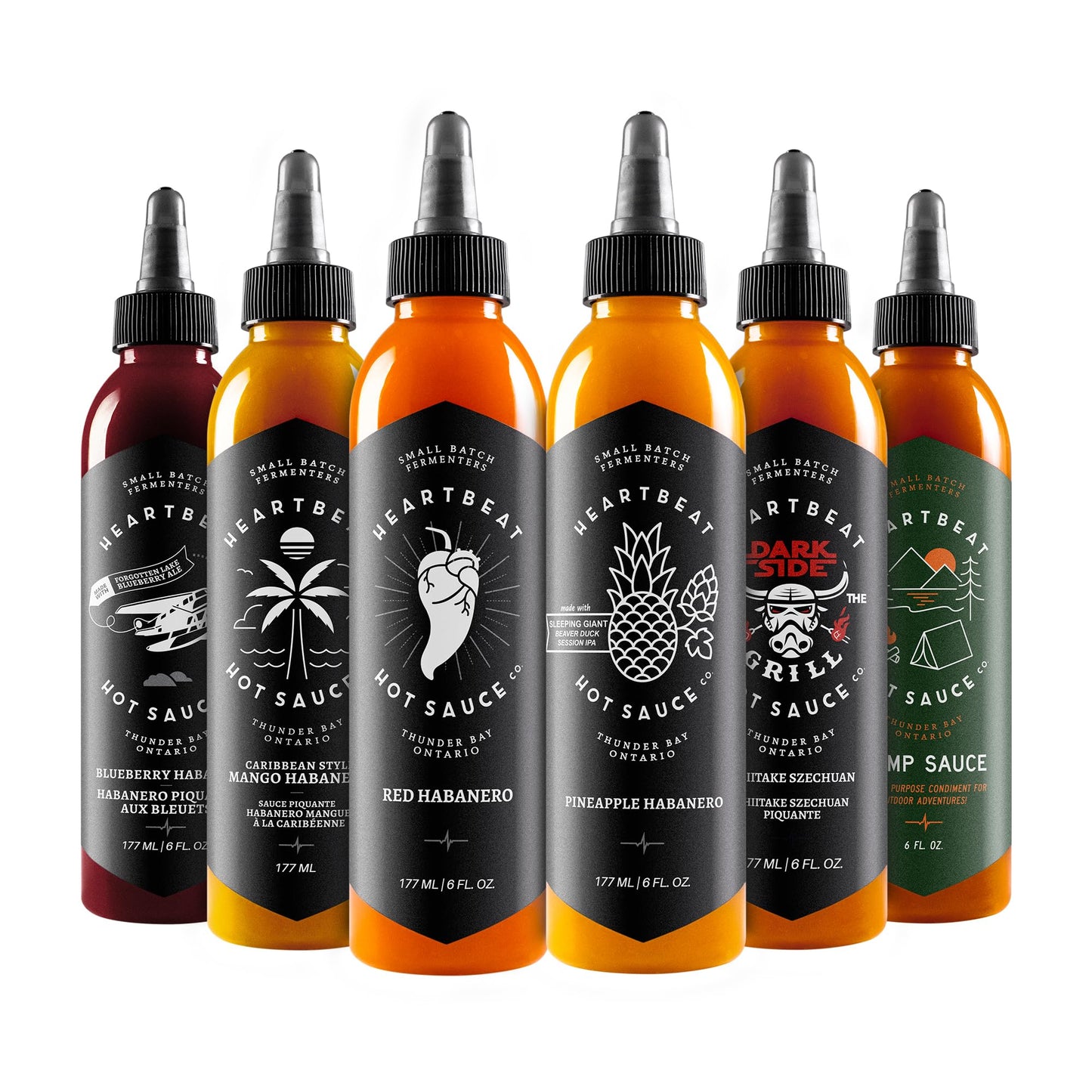 Heartbeat Hot Sauce Co. | Complete Variety Pack - Camp Sauce, Pineapple, Red & Mango Habanero, Blueberry Habanero, Shiitake Szechuan, 6 oz. 6 pack