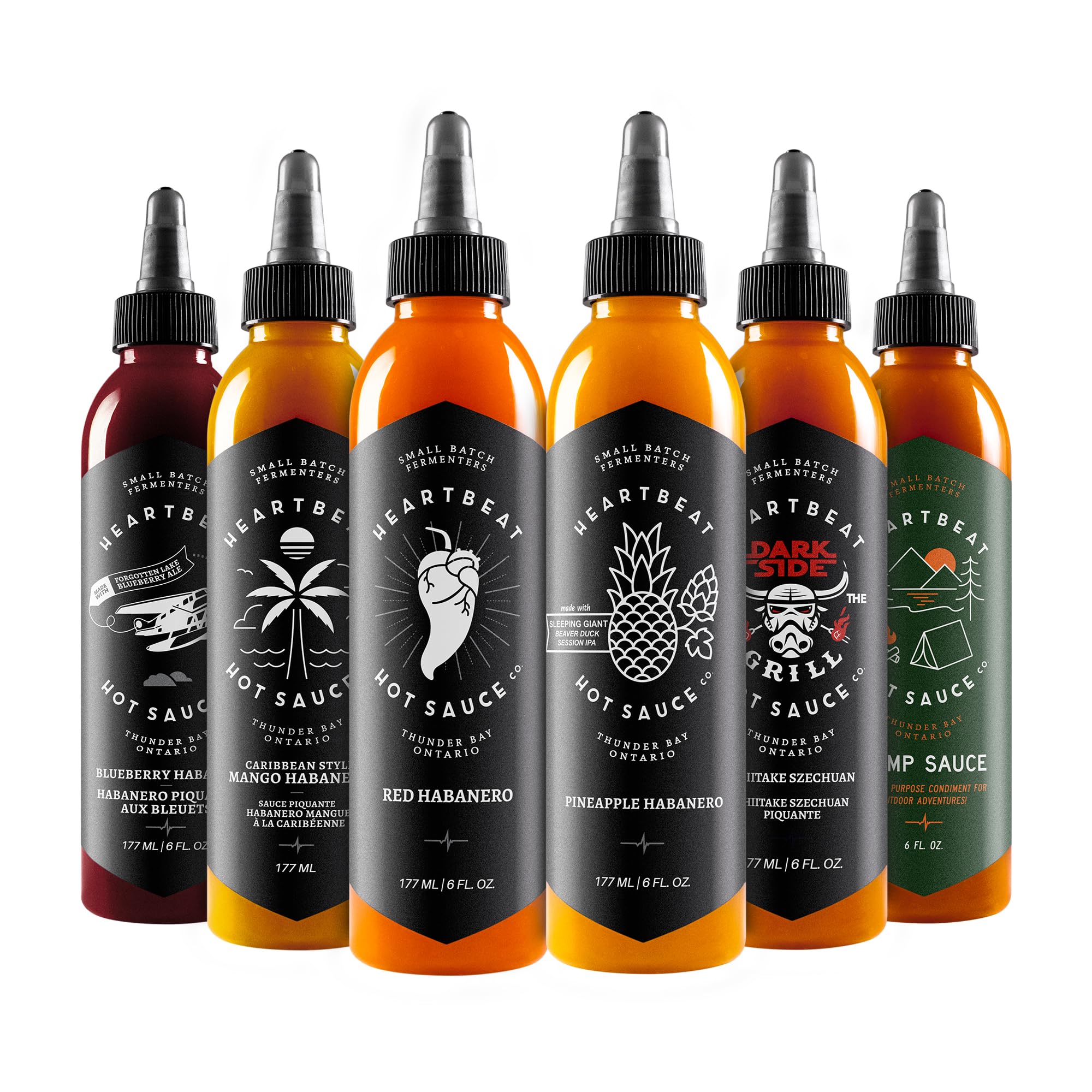 Heartbeat Hot Sauce Co. | Complete Variety Pack - Camp Sauce, Pineapple, Red & Mango Habanero, Blueberry Habanero, Shiitake Szechuan, 6 oz. 6 pack