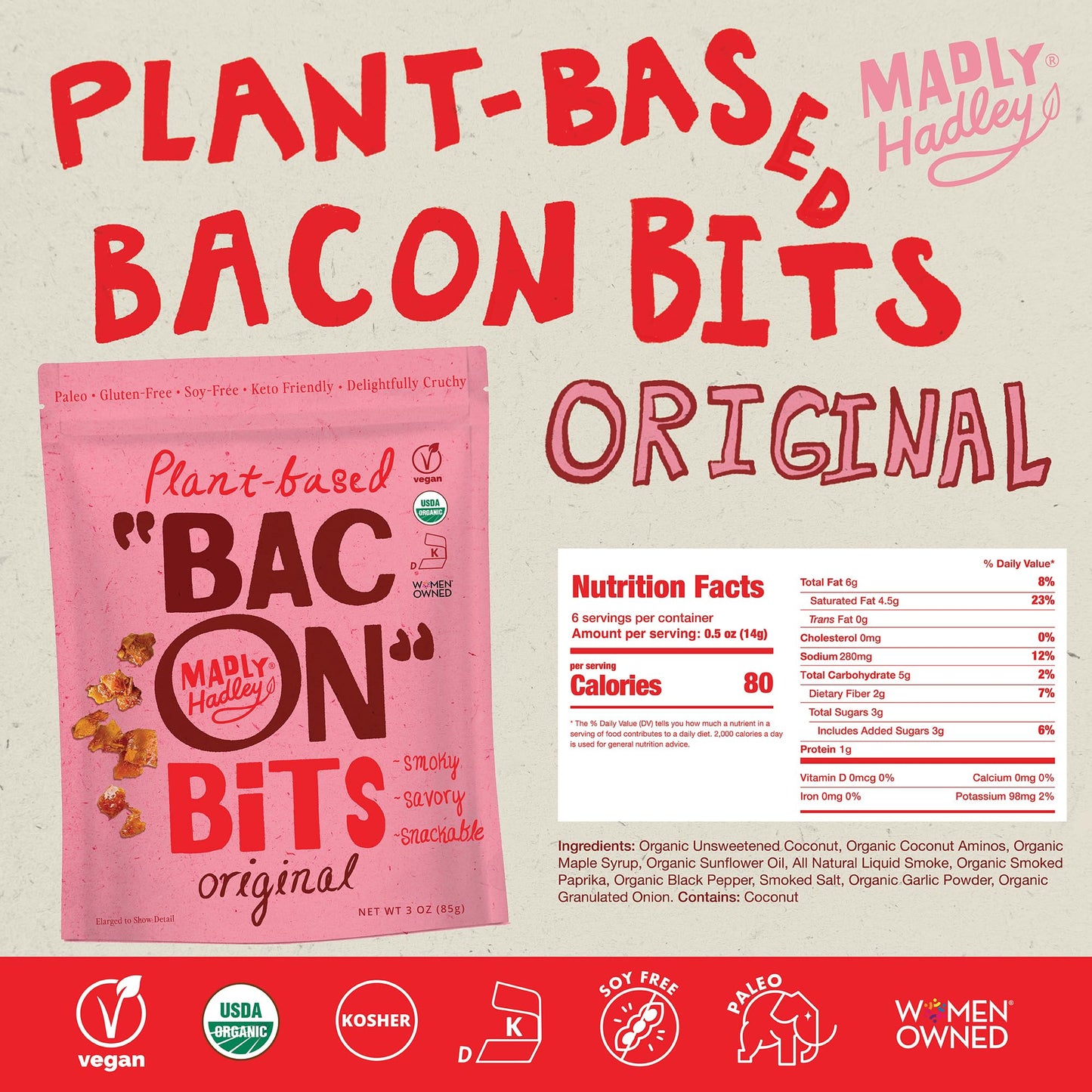 Madly Hadley Plant-Based Bacon Bits -Organic, Healthy Vegan Snack, Crunchy Topper, Keto-Friendly, Gluten-Free Topping for Salads, Pasta and Pizza