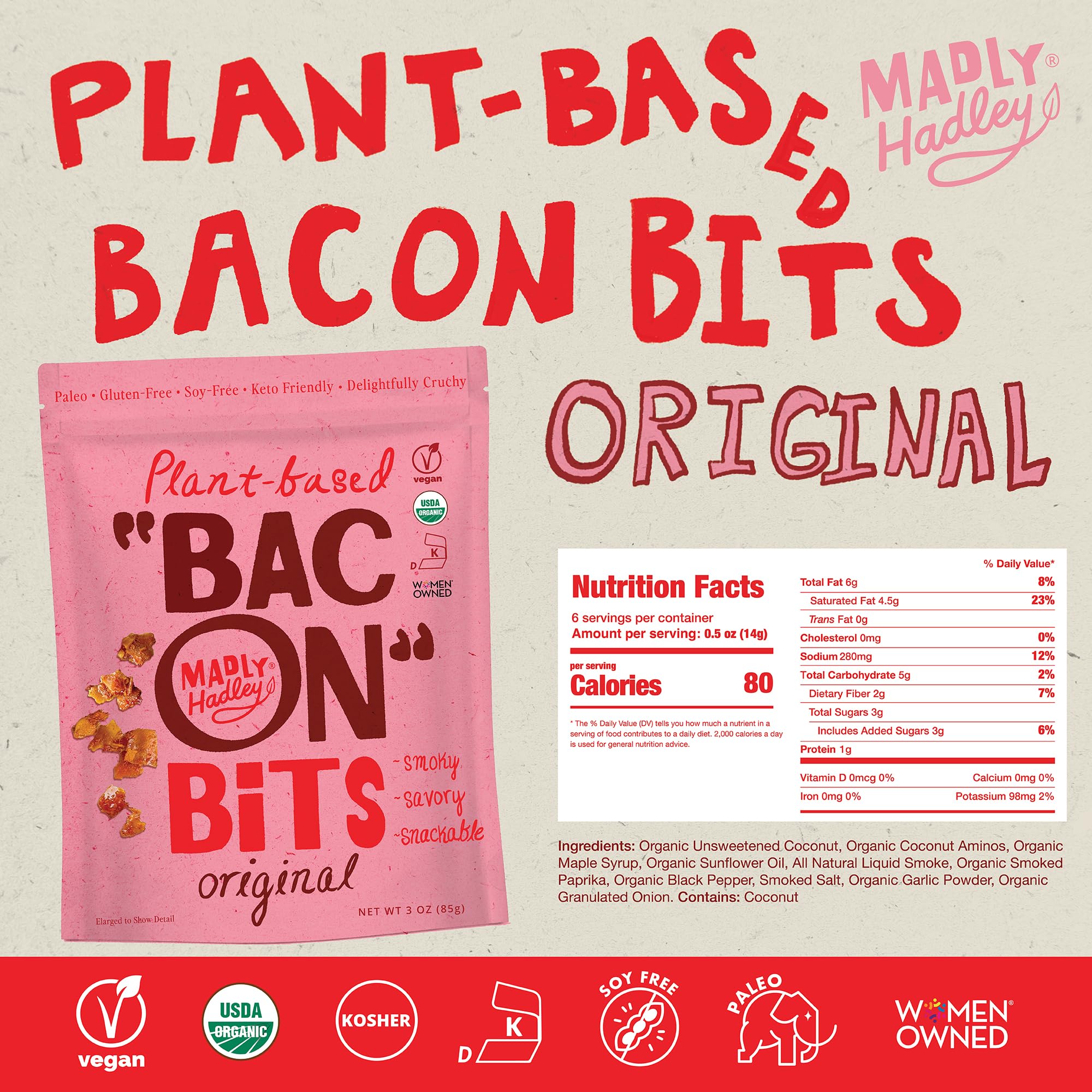 Madly Hadley Plant-Based Bacon Bits -Organic, Healthy Vegan Snack, Crunchy Topper, Keto-Friendly, Gluten-Free Topping for Salads, Pasta and Pizza