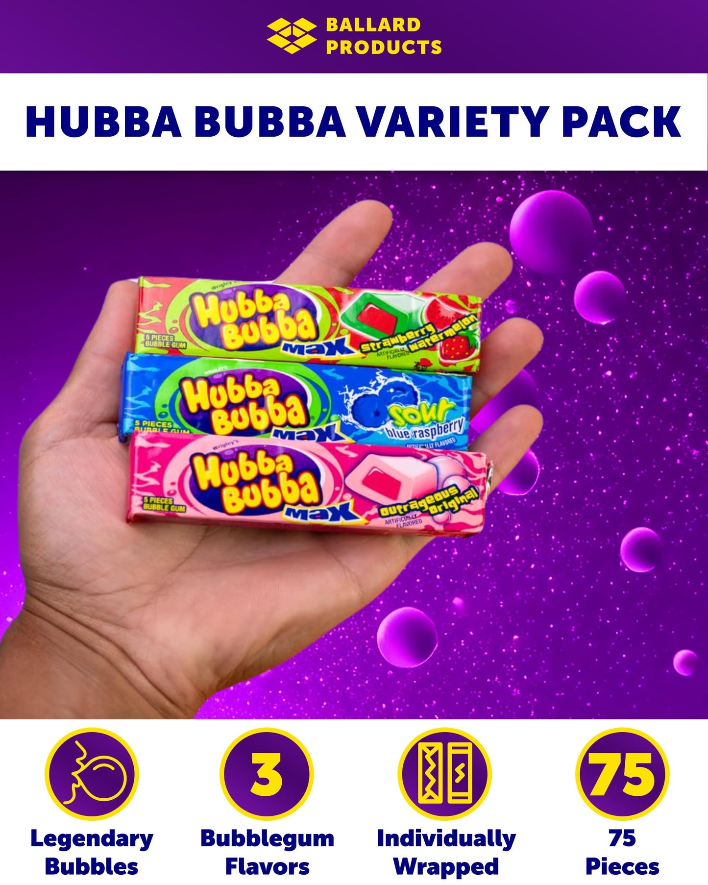 Hubba Bubba Bubble Gum Variety Pack of 15 - Original, Blue Raspberry, Strawberry - 3 Flavors of Hubba Bubba Gum - Gum with Liquid Center - Bundle
