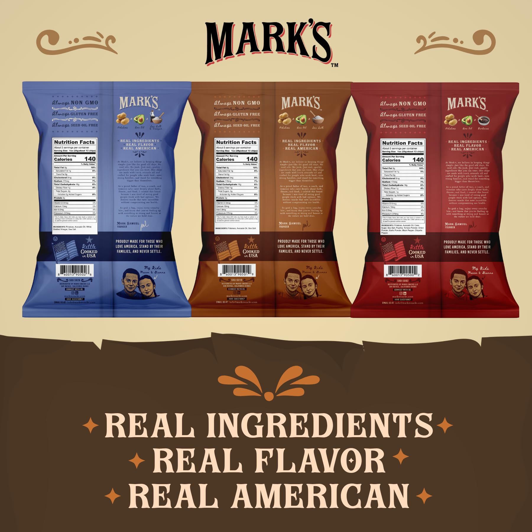 MARK’S Kettle Cooked Avocado Oil Potato Chips, Variety Pack - Gluten Free and Seed Oil Free | 3-Flavor Variety Pack, 5 oz (Pack of 3) | Gluten Free