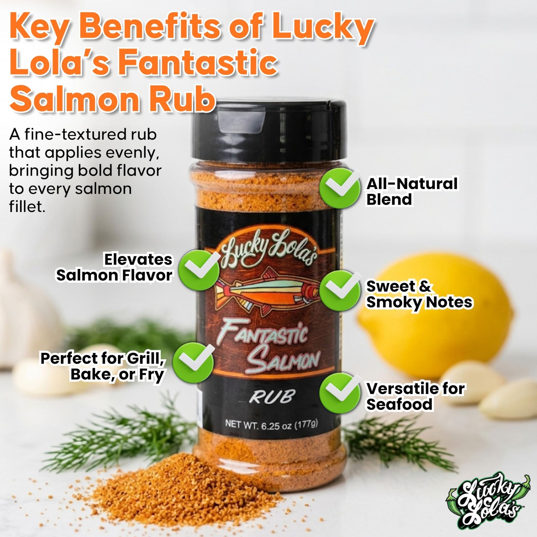 Lucky Lola's Fantastic Salmon Rub - Gourmet All-Natural Dry Rub | Perfect Salmon Seasoning for Grilling, Baking, Smoking, Pan Searing & Air Frying |