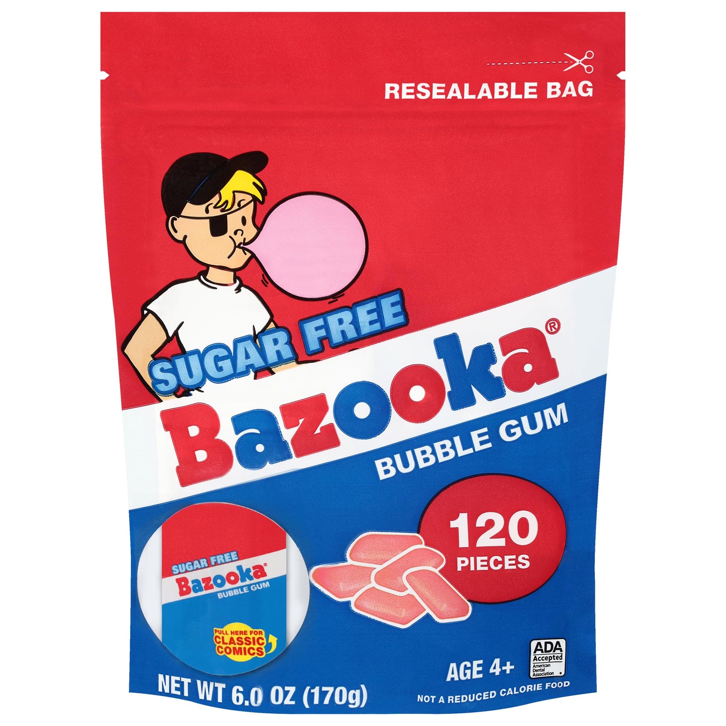 Bazooka Bubble Gum Sugar-Free Chewing Gum Pellets, Bulk Gum in Resealable Bag, 120 Ct in Original Pink Flavor, Sugar Free Bulk, Baseball Party Favors