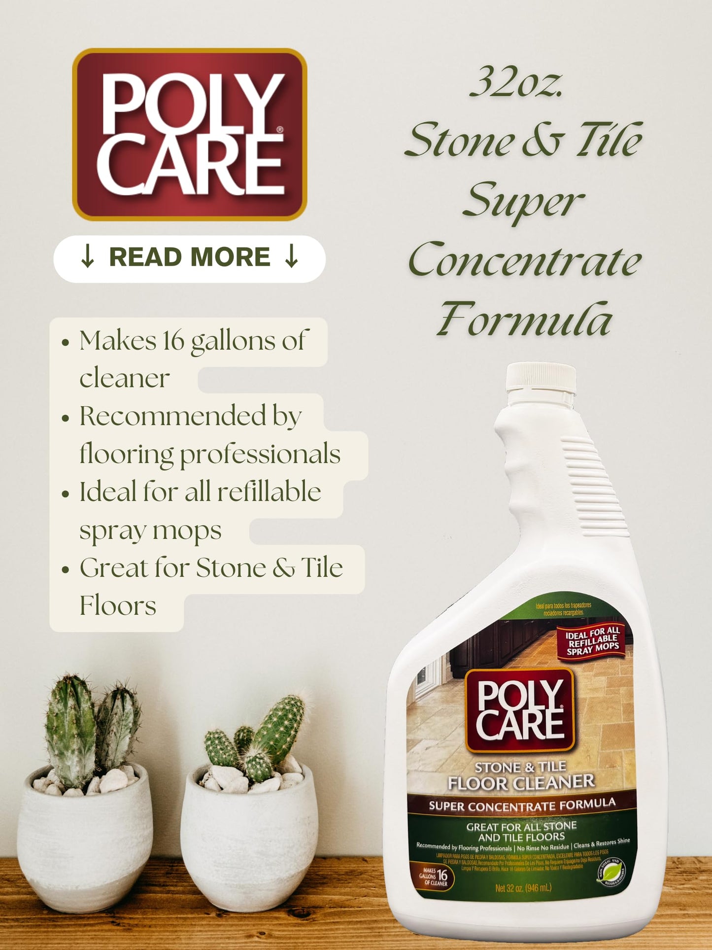 PolyCare Stone & Tile Floor Cleaner Super Concentrate - 32 Fl Oz - Fresh- Dilute Concentrate with Water for Spray Mops and Spray Bottles