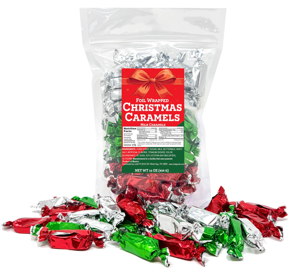 Caramel Candy Individually Wrapped Foil Wrapped Caramels Red, Green and Silver, Individually Wrapped Candy 16 Ounce