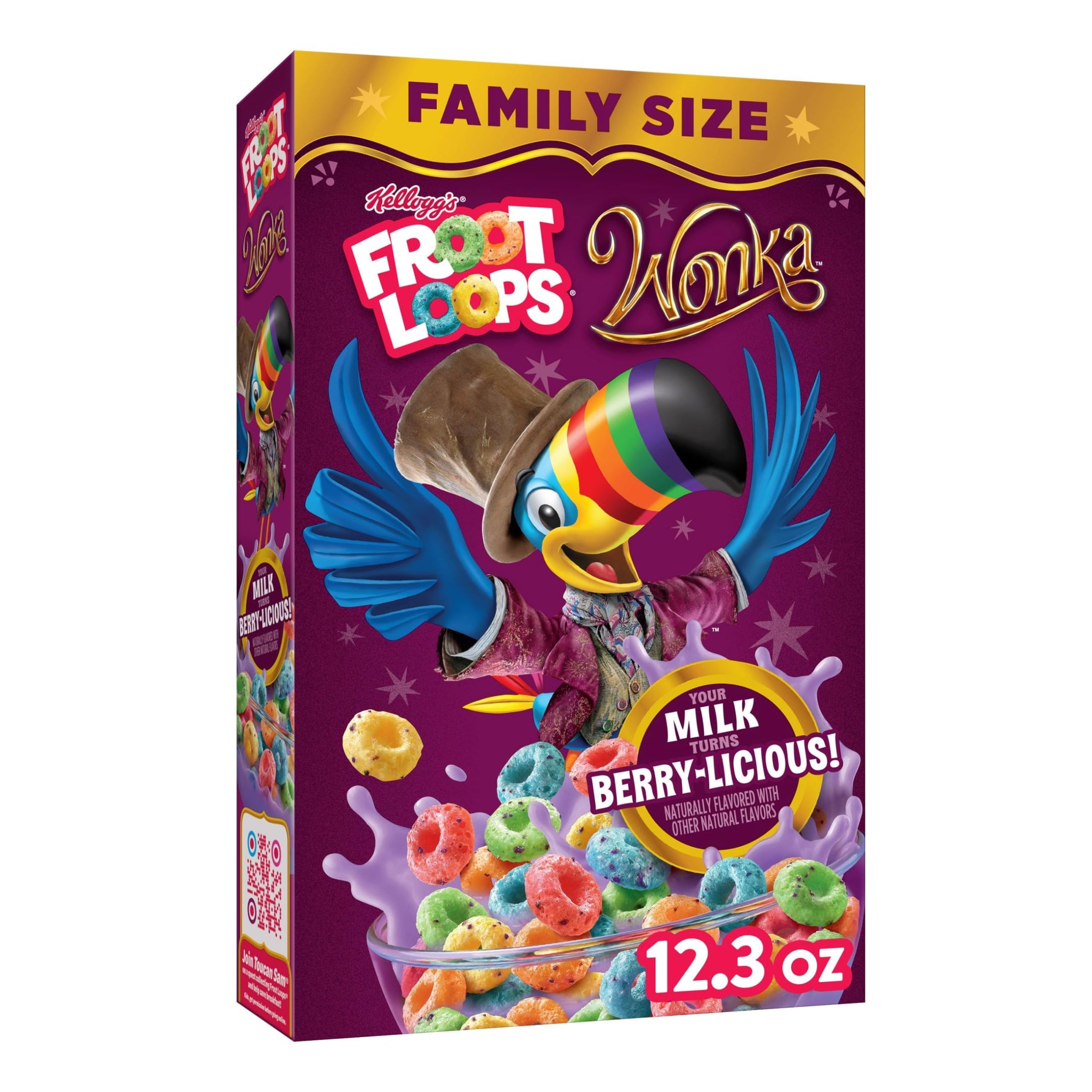 Willy Wonka Froot Loops Cold Breakfast Cereal, Turns Milk Berry-licious, Breakfast Snacks, Family Size, Berry-licious, 12.3oz Box (1 Box)