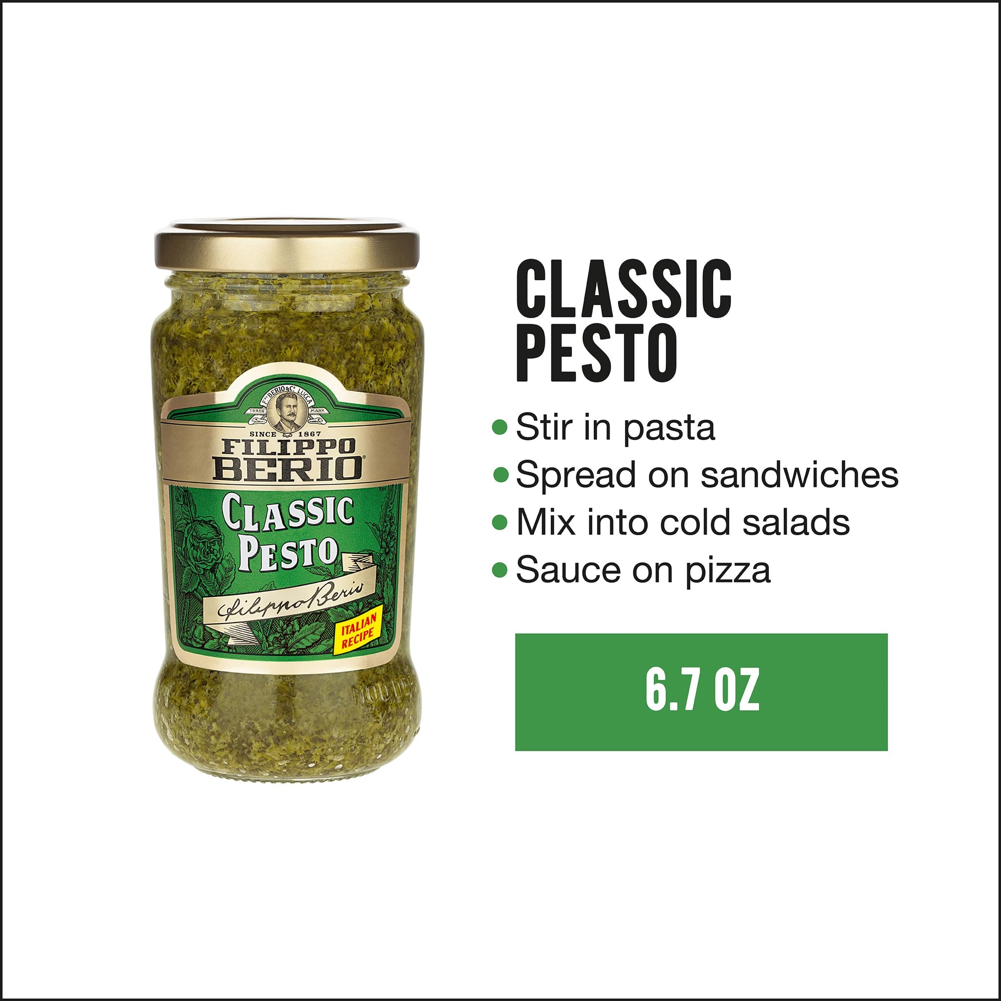 Filippo Berio Pesto, Classic Basil, 6.7 Ounce Glass Jar, Gluten Free, Non-GMO