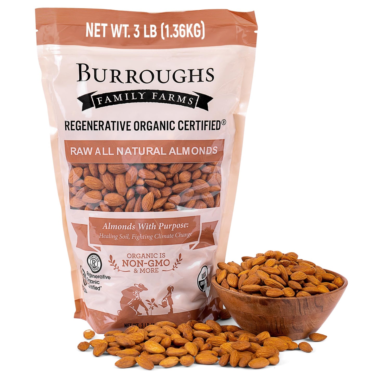 Burroughs Family Farms 3 lb USDA Organic Raw Almonds - First Regenerative Organic Certified Farm - Gluten-Free, Non-GMO, Vegan, Paleo & Keto-Friendly