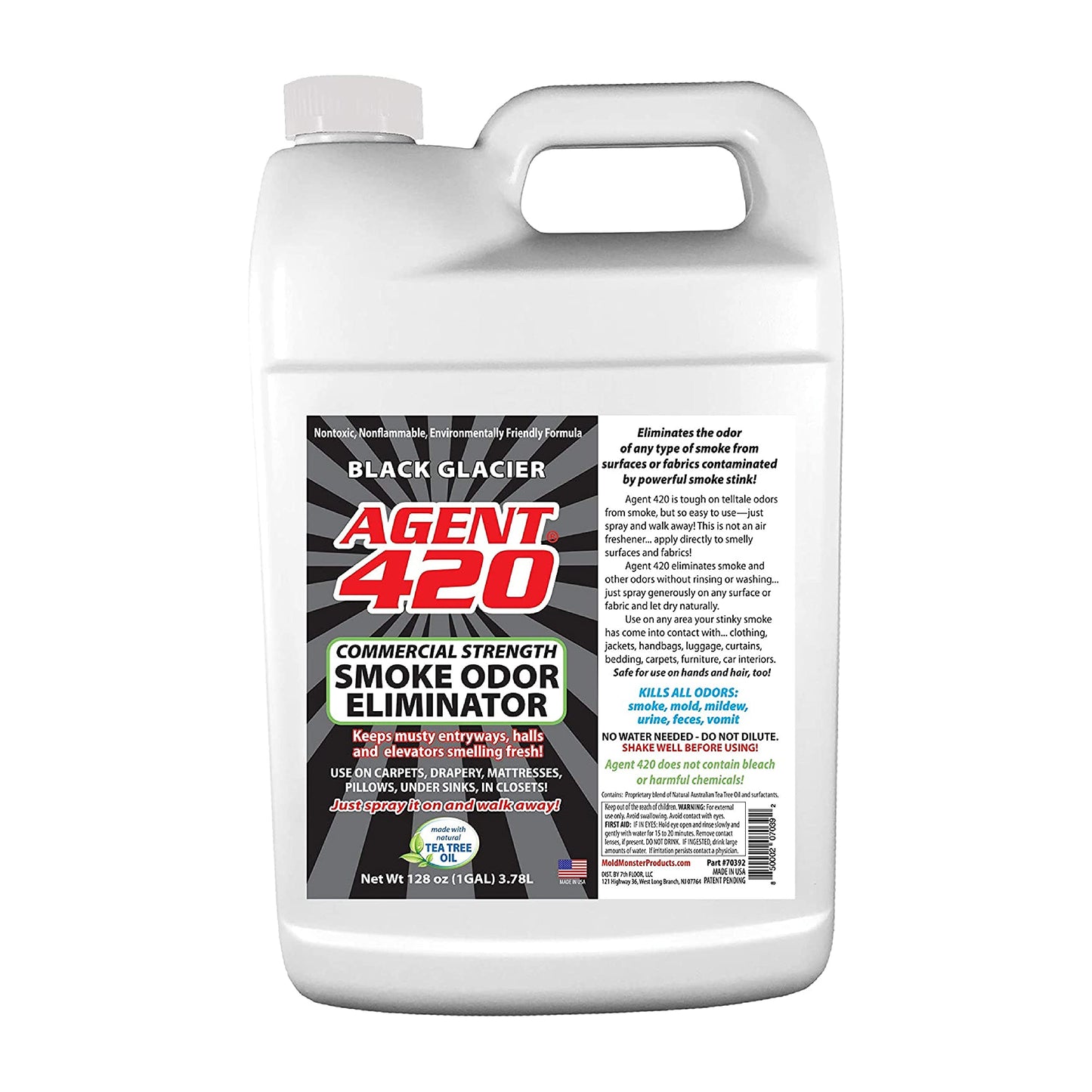 Agent 420 Cannabis & Cigarette Odor Eliminator Spray, Black Glacier, 1 Gallon - Tea Tree Oil Breaks Down Smoke at the Molecular Level - Commercial