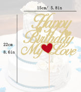 AHAORAY Happy Birthday My Love Cake Topper - Gold Glitter 'My Love' Birthday Party Cake Decoration - Lover Cake Topper with Heart for Wife, Husband