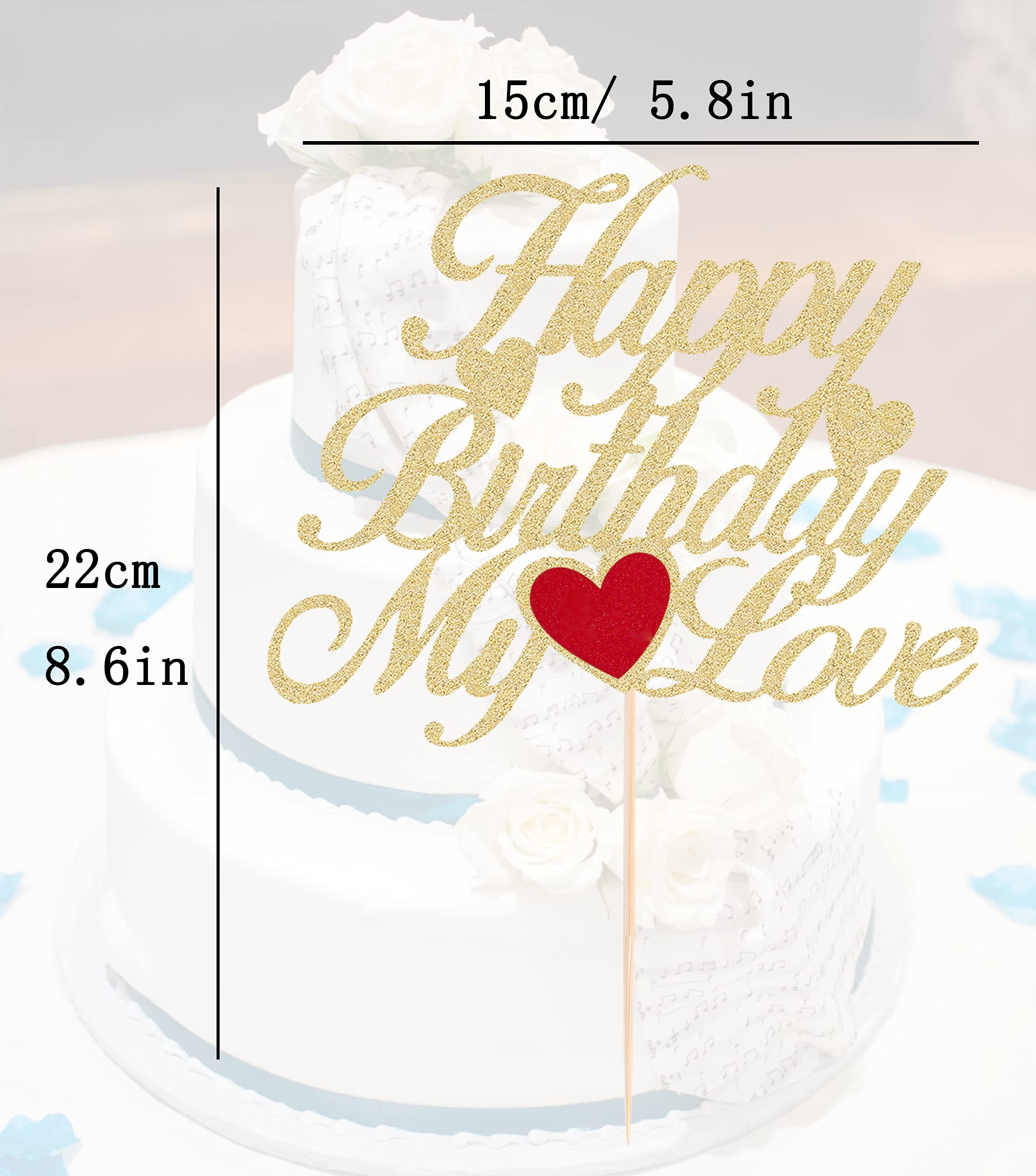 AHAORAY Happy Birthday My Love Cake Topper - Gold Glitter 'My Love' Birthday Party Cake Decoration - Lover Cake Topper with Heart for Wife, Husband