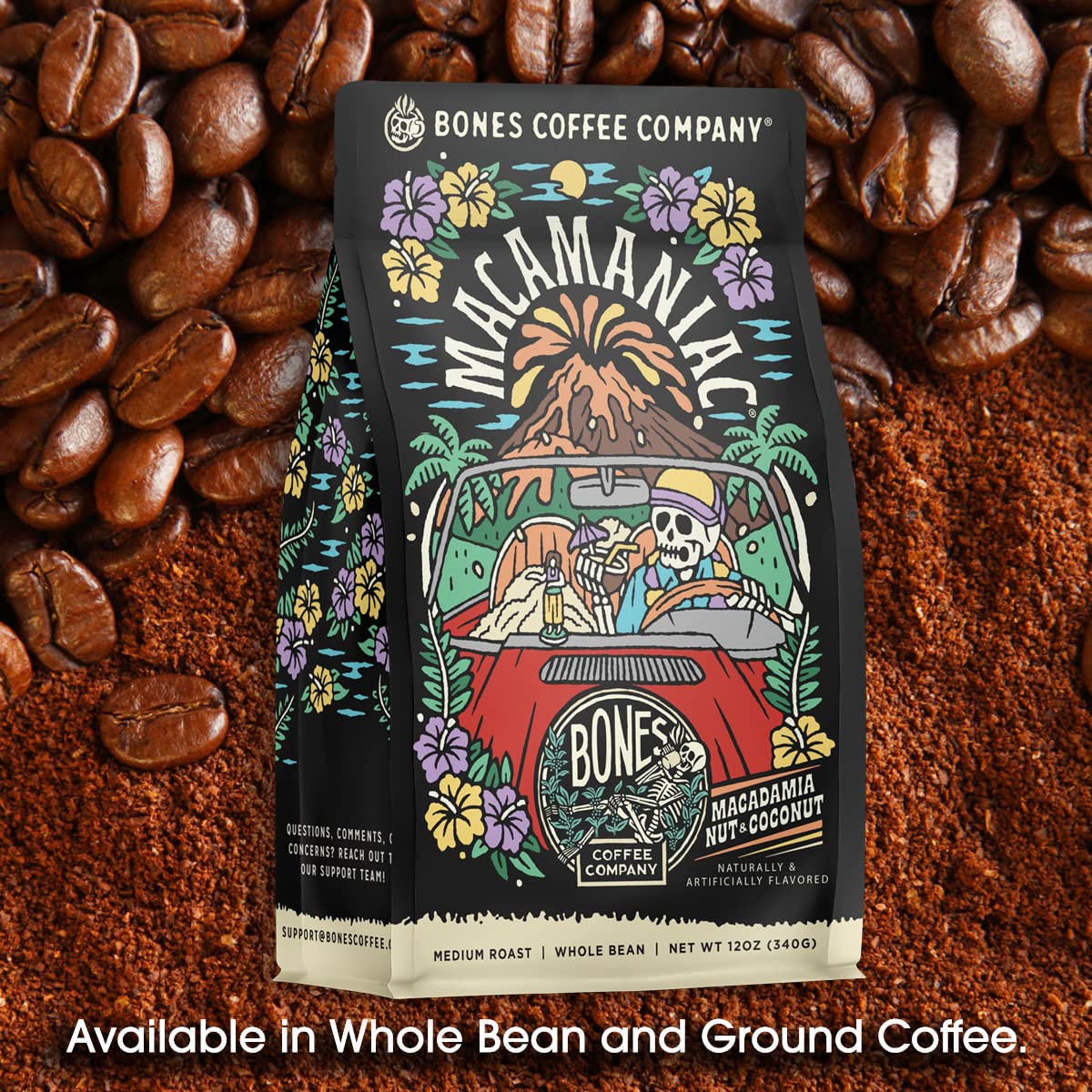 Bones Coffee Company Macamaniac, Macadamia and Coconut Flavored Coffee, Medium Roast Low Acid Arabica Beans Compatible with Auto drip and French Press