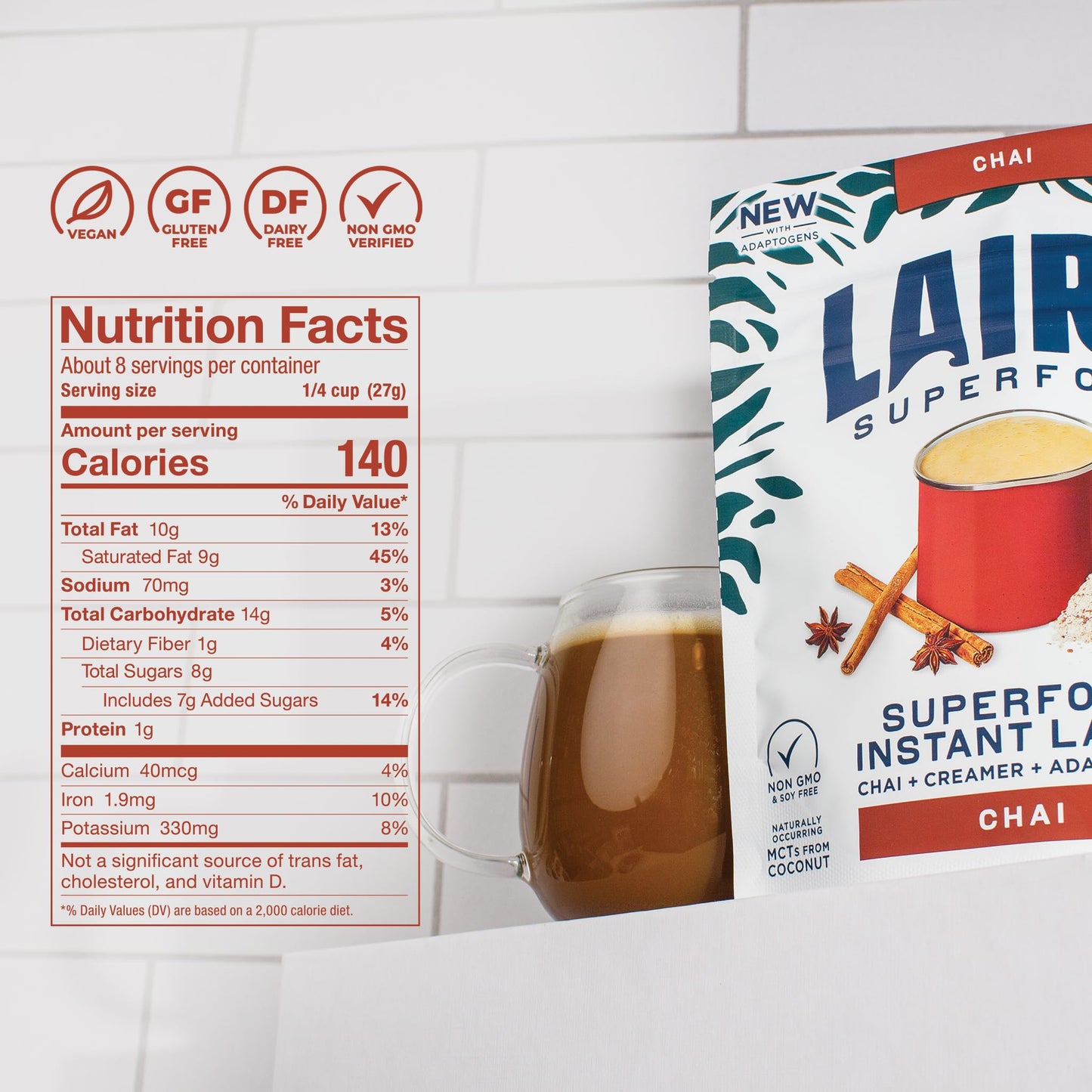 Laird Superfood Chai Instant Latte with Adaptogens - Instant Chai Tea Powder with Superfood Coconut Creamer - Gluten Free, Non-GMO, Vegan, 8 oz. Bag