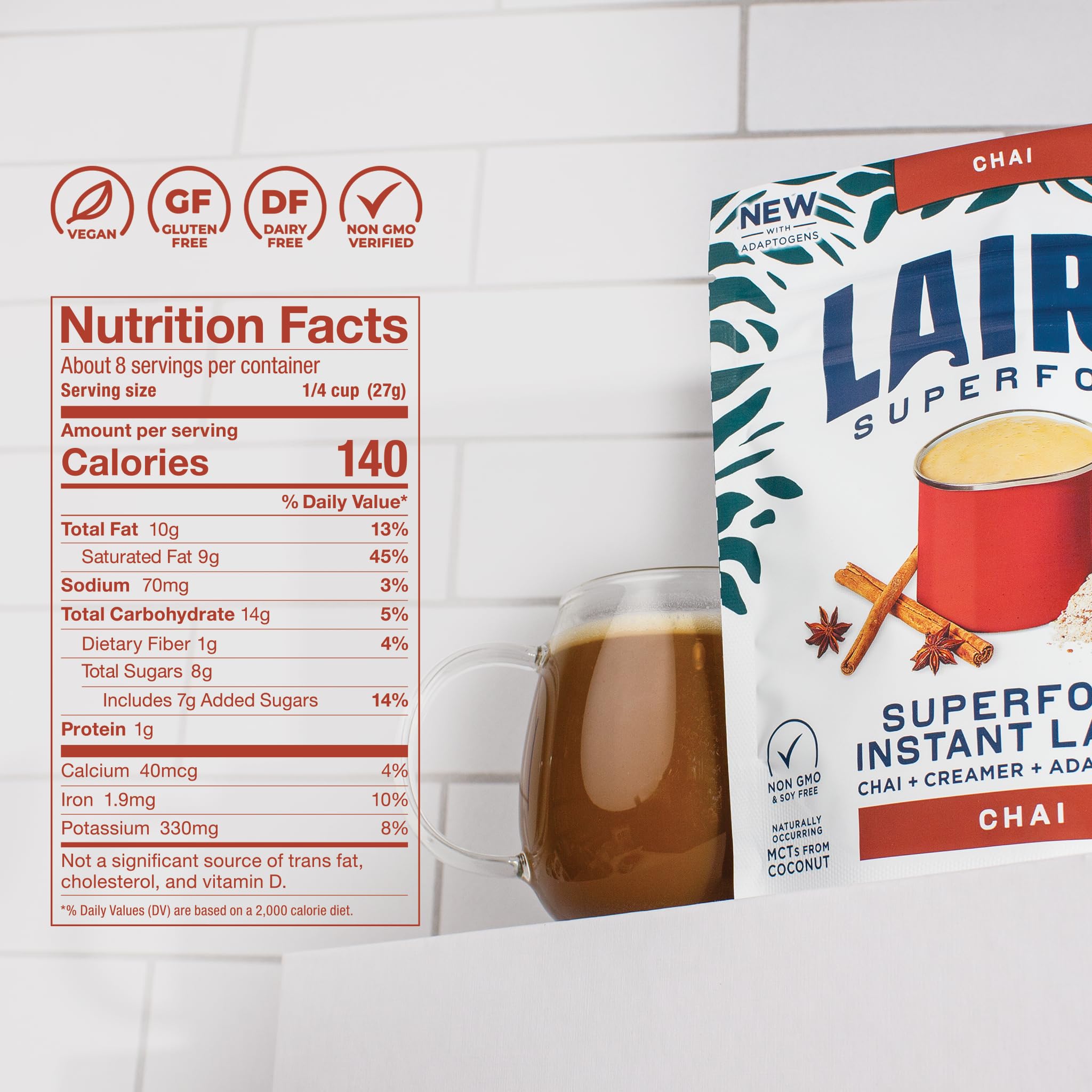 Laird Superfood Chai Instant Latte with Adaptogens - Instant Chai Tea Powder with Superfood Coconut Creamer - Gluten Free, Non-GMO, Vegan, 8 oz. Bag