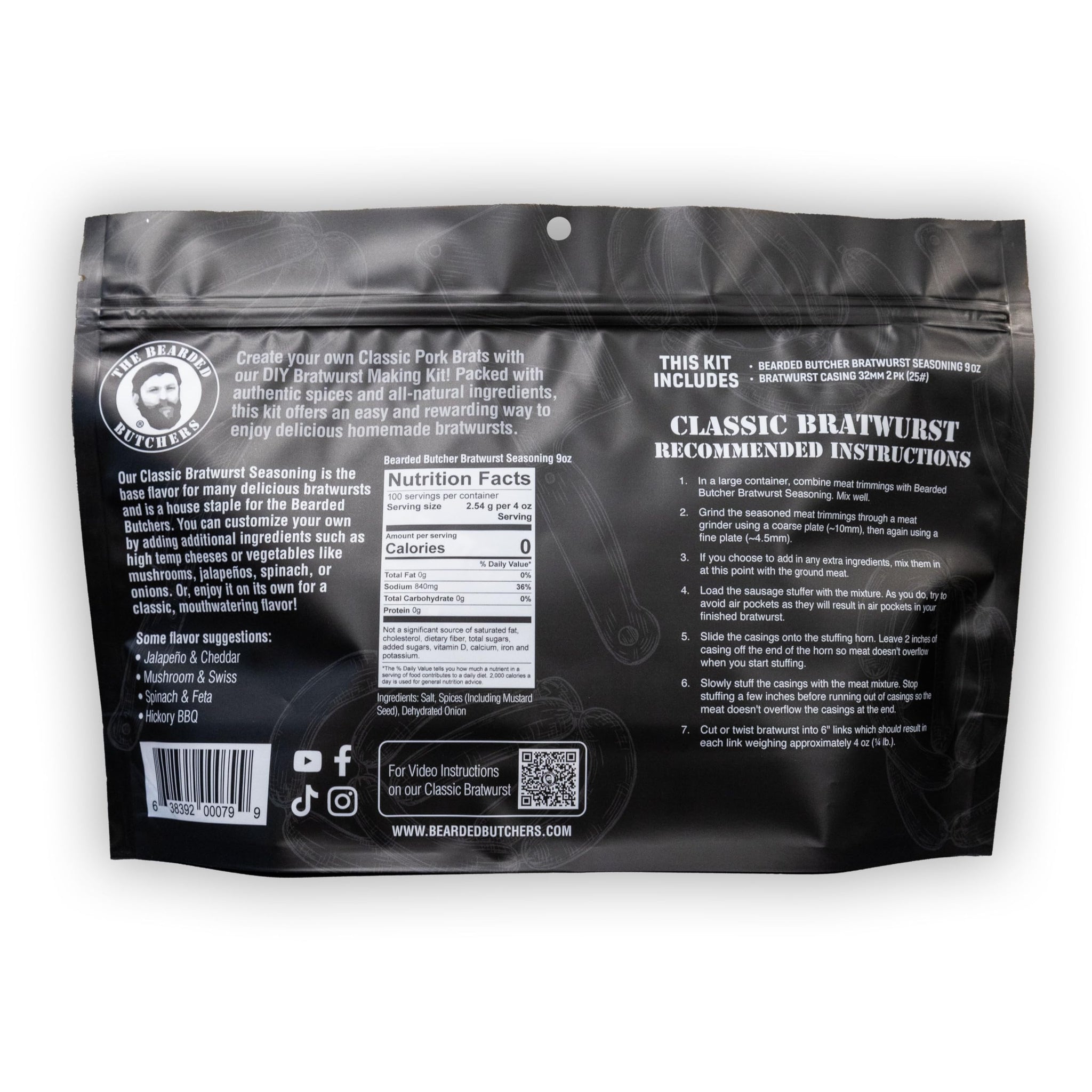 Bearded Butchers DIY Classic Bratwurst Kit - Seasons Up to 25 lbs of Meat for Authentic Homemade Brats - Use as a Base for Custom Flavors or Enjoy the