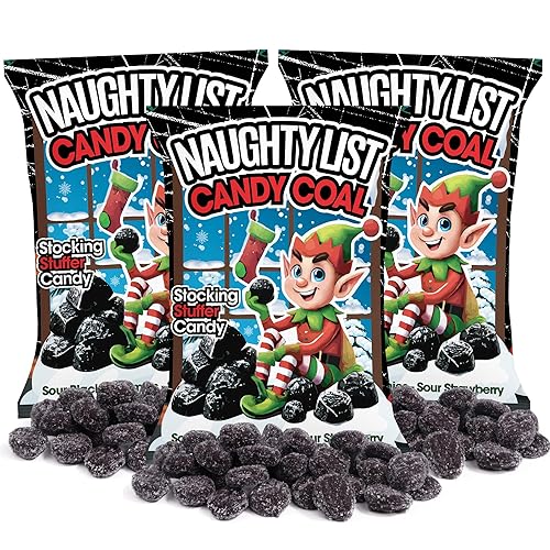 Naughty List Coal Candy, Funny Gag Gift Gummies, Sour Strawberry Flavored, Christmas Stocking Stuffer Treats, 4 Ounces (Pack of 3)