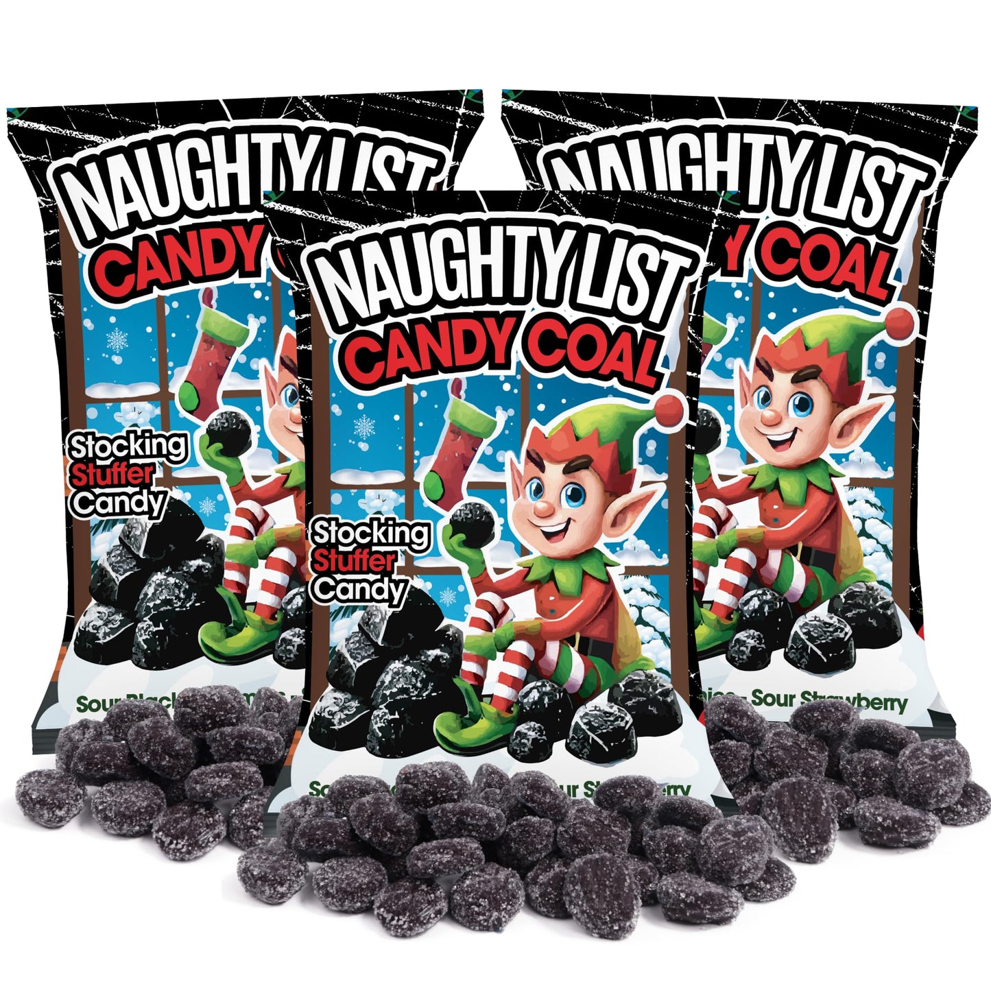 Naughty List Coal Candy, Funny Gag Gift Gummies, Sour Strawberry Flavored, Christmas Stocking Stuffer Treats, 4 Ounces (Pack of 3)