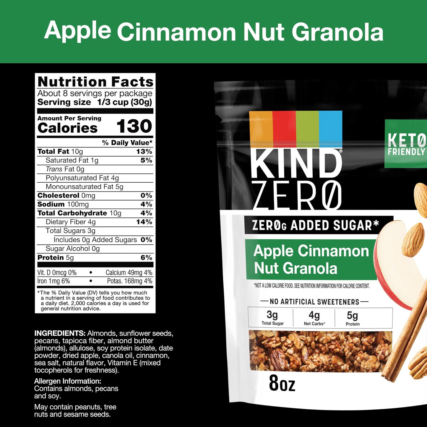 KIND Zero Added Sugar Granola, Apple Cinnamon Nut, Gluten Free, Low Sugar, Keto Snacks, 5g Protein, 8oz, 5 Count
