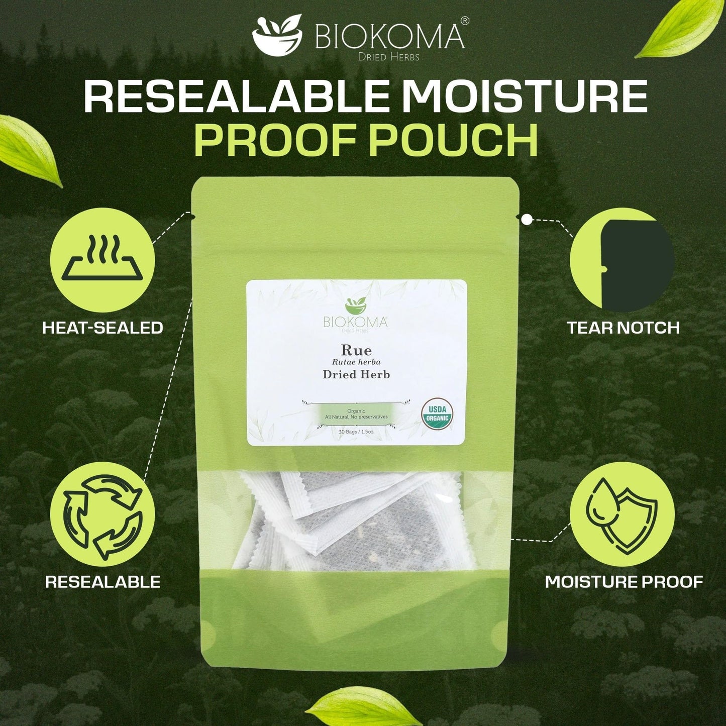 Biokoma Organic Rue Dried Herb 30 Tea Bags Pure Leaf Ruta Graveolens USDA Organic Herbal Tea Aromatic Sachets Spiritual Use Resealable Moisture Proof