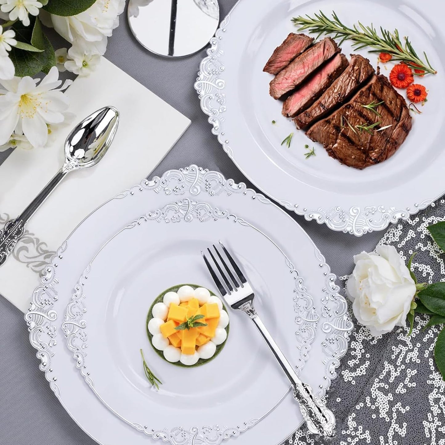 ZTDIXF 25 Pack 10.5 Inch Silver Rim Plastic Plates, Heavy Duty Disposable White Dessert & Salad Plates, Elegant Vintage Design Fancy Hard Tableware