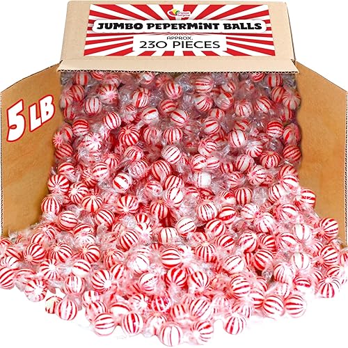 Peppermint Candy Balls - 5 lb Bulk - Red & White Striped Hard Mints - Individually Wrapped Mint Hard Candy