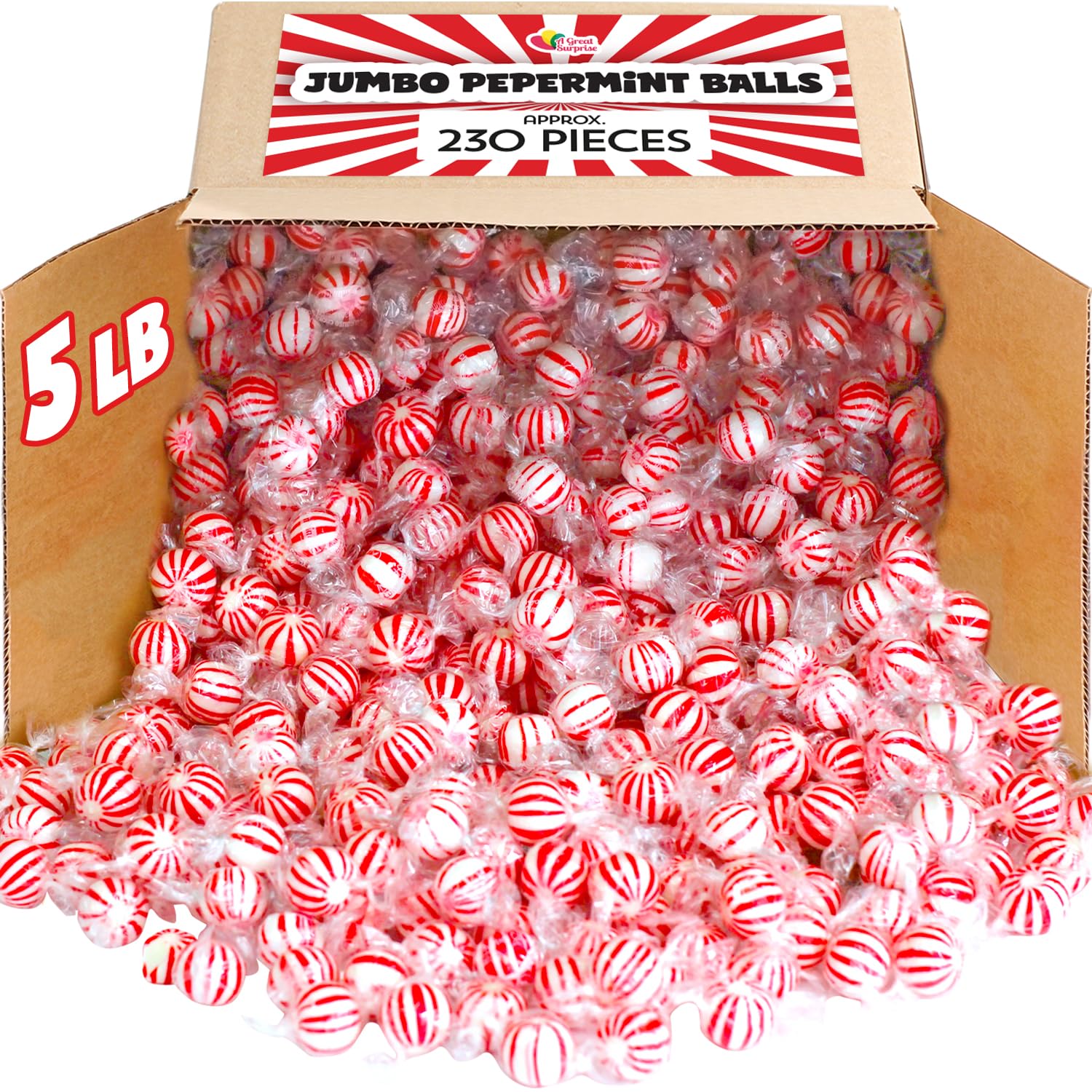 Peppermint Candy Balls - 5 lb Bulk - Red & White Striped Hard Mints - Individually Wrapped Mint Hard Candy