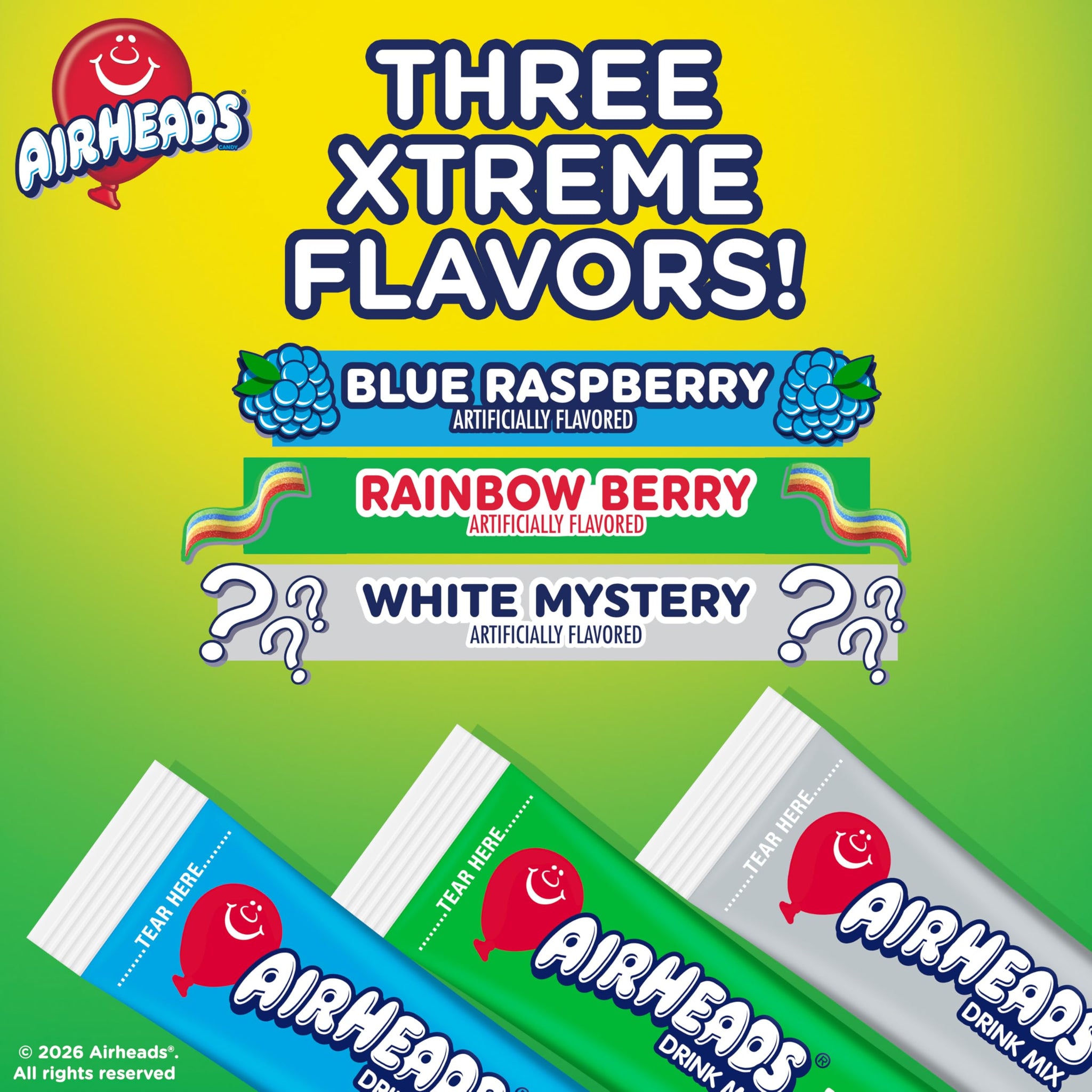 Airheads Xtreme Singles To Go! Drink Mix 30ct Variety Pack, Zero Sugar, Low Calorie, Sweet & Sour Powder Drink Mix Packets, Blue Raspberry, Rainbow