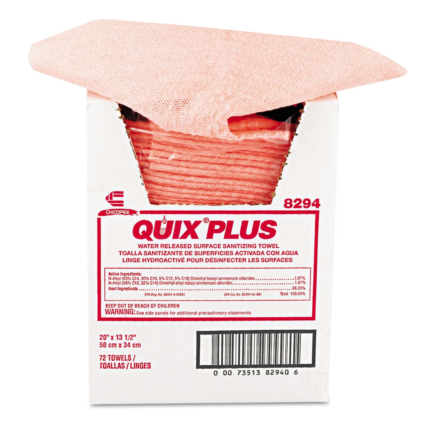 Chix 8294 Quix Plus Disinfecting Towels 13 1/2 x 20 Pink 72/Carton