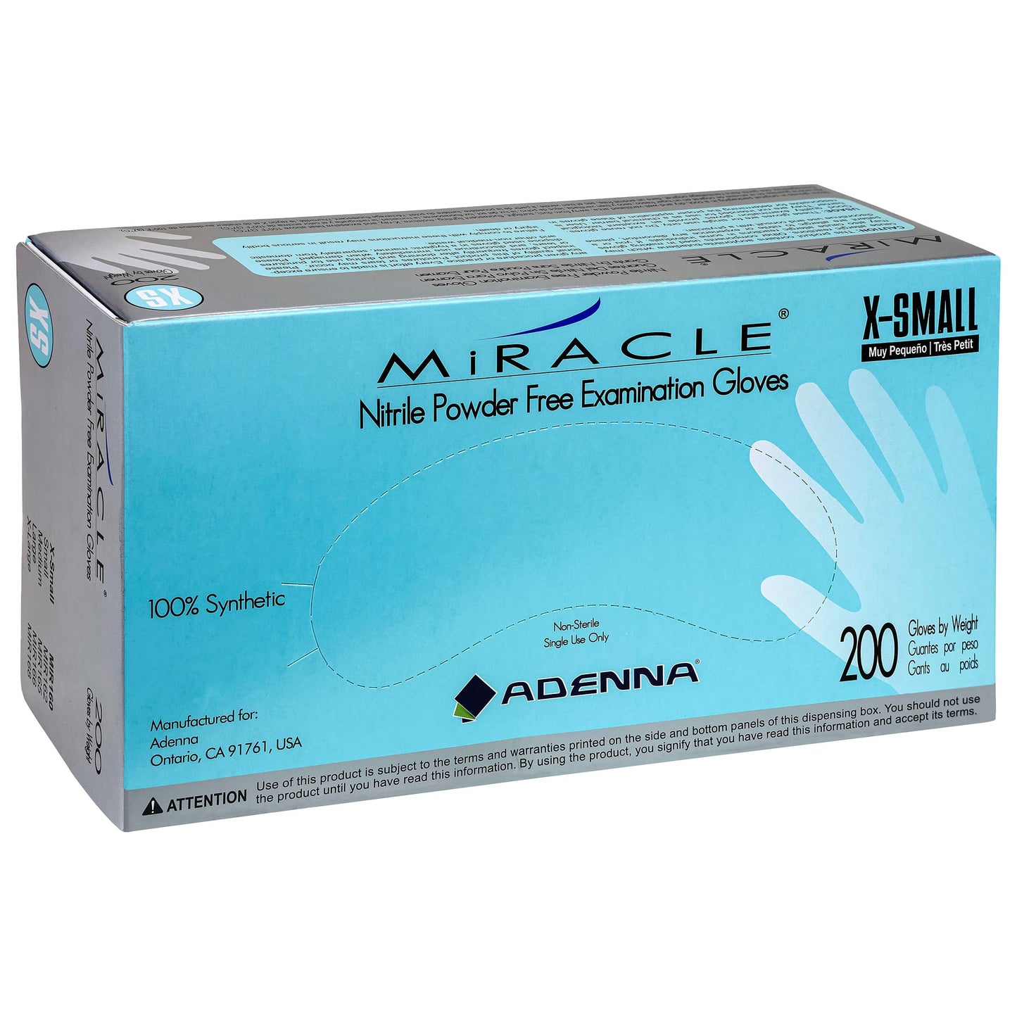 Adenna Miracle 4 mil Powder-Free Nitrile Exam Gloves, Medical Grade, Blue, X-Small, Box of 200