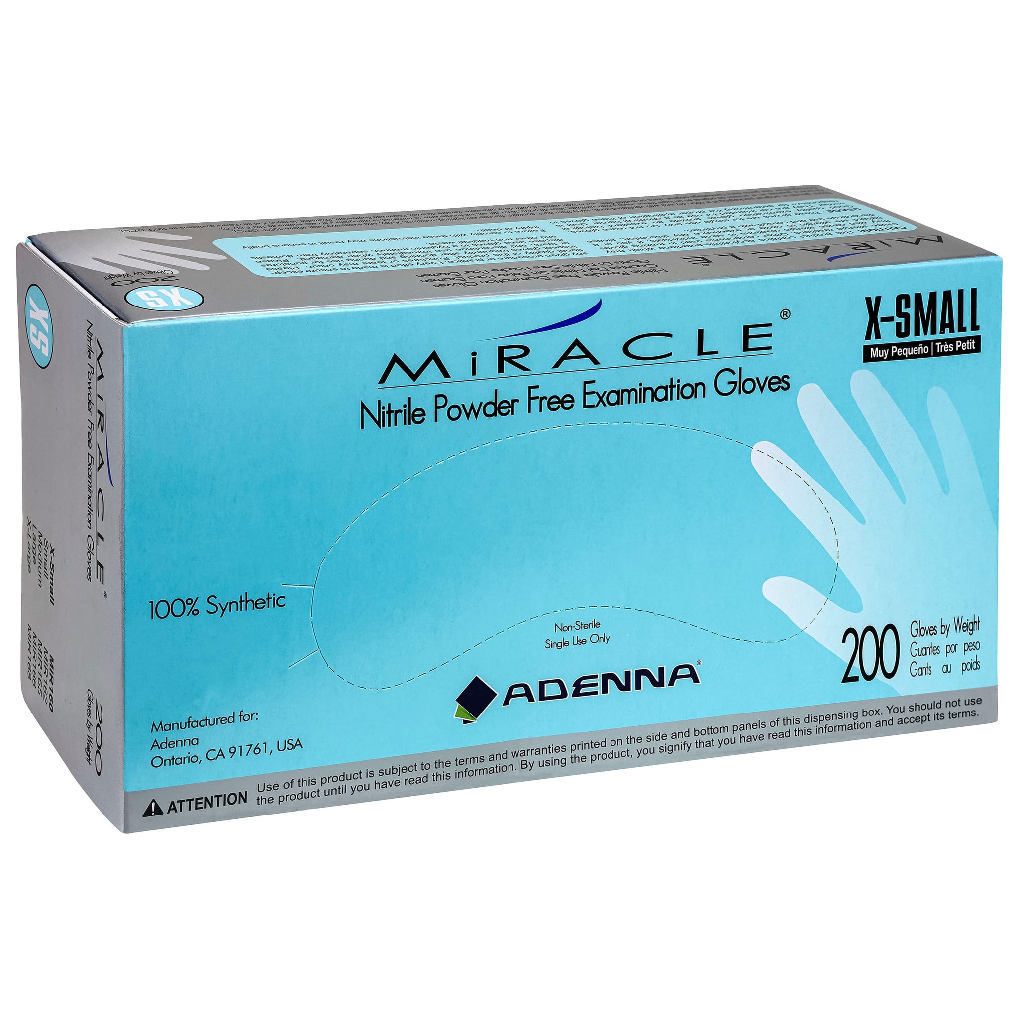 Adenna Miracle 4 mil Powder-Free Nitrile Exam Gloves, Medical Grade, Blue, X-Small, Box of 200
