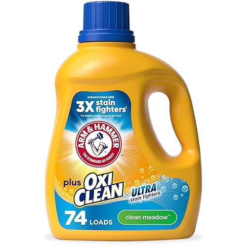 ARM & HAMMER Plus OxiClean Ultra Stain Fighters Liquid Laundry Detergent, Stain Remover for Clothes, Clean Meadow, 74 Loads, 96.2 fl oz