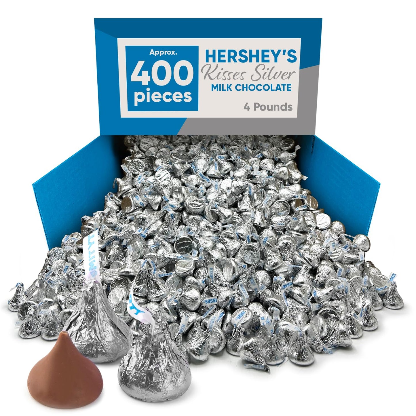 Hershys Kisses Silver Foiled Classic Milk Chocolate - 4 Pounds approx 400 pieces of Chocolate Candy Individually Wrapped - Ideal for Snacking