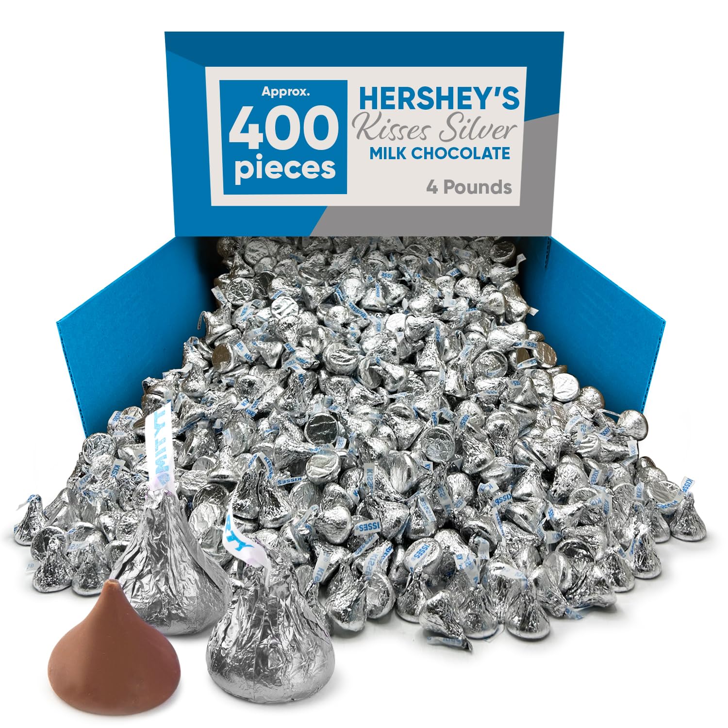 Hershys Kisses Silver Foiled Classic Milk Chocolate - 4 Pounds approx 400 pieces of Chocolate Candy Individually Wrapped - Ideal for Snacking