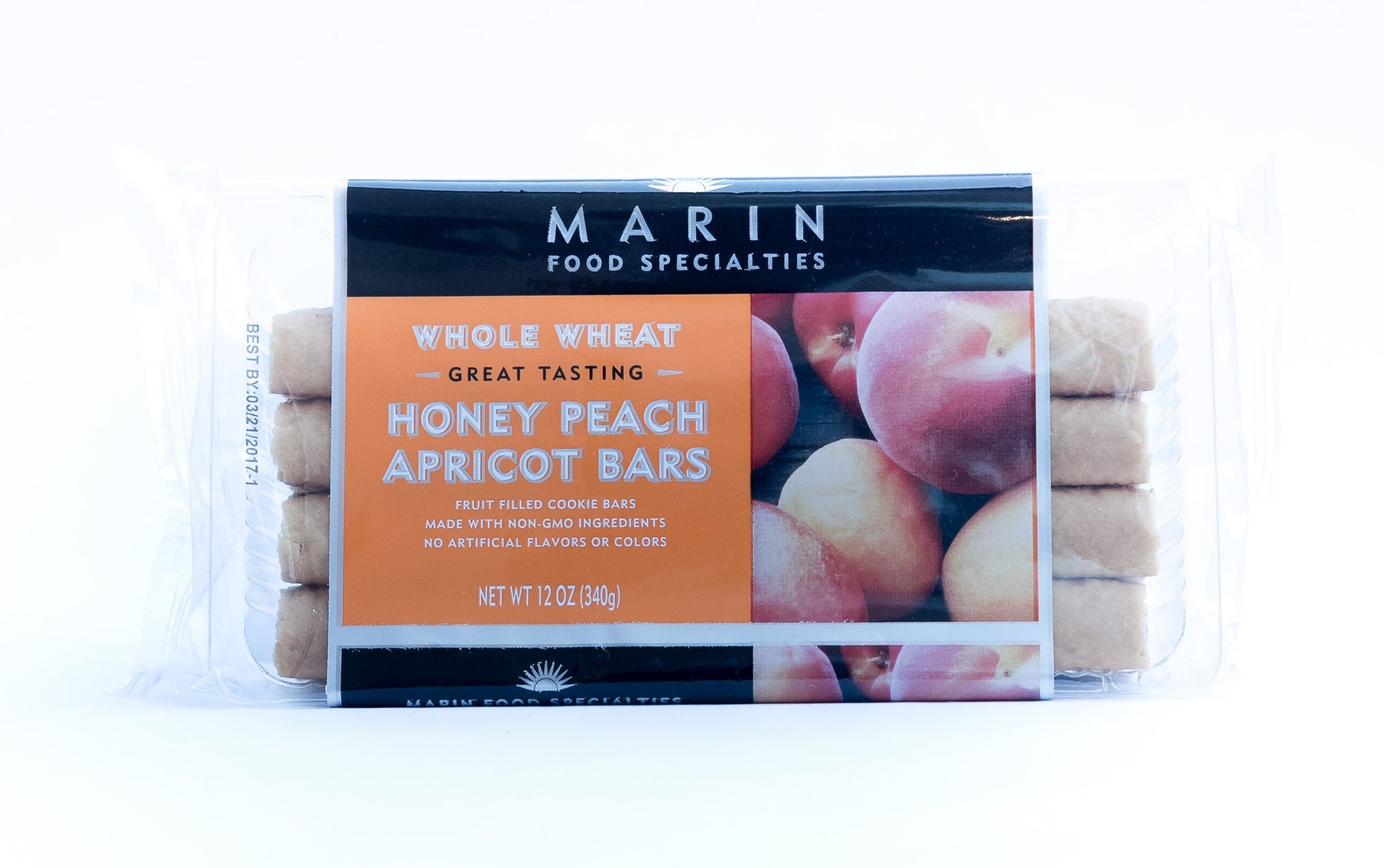 Whole Wheat Peach Apricot Bars made with real fruit, and Non-GMO ingredients. 320 Bars or 20 lbs. Dairy Free. Trans Fat Free. Low Sodium. NO
