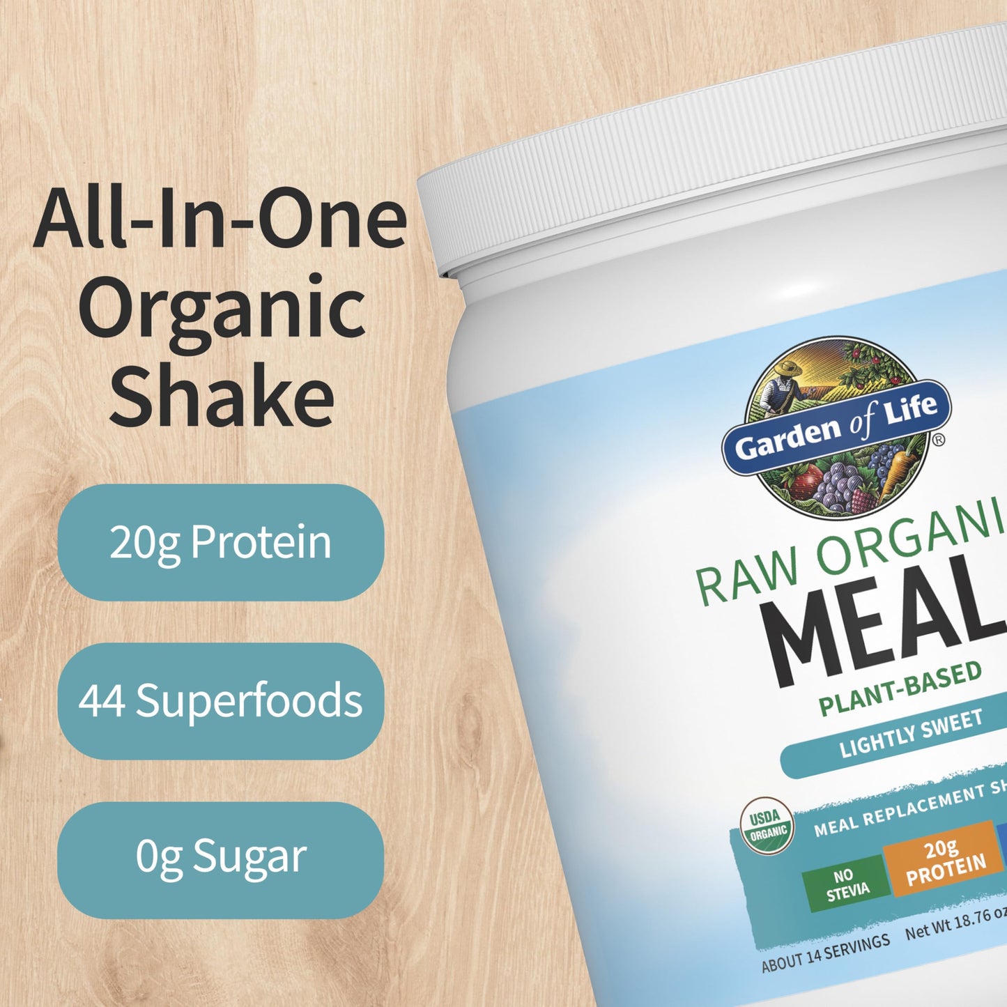 Garden of Life Meal Replacement Shakes, Vegan Protein Powder, Raw Organic Meal, Lightly Sweet Powder with Plant Based Pea Protein, Sprouts, Greens