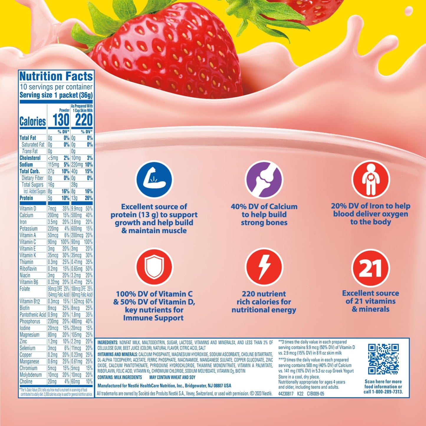Carnation Breakfast Essentials Complete Nutritional Drink Strawberry 1.26 oz. Packet 60 Ct